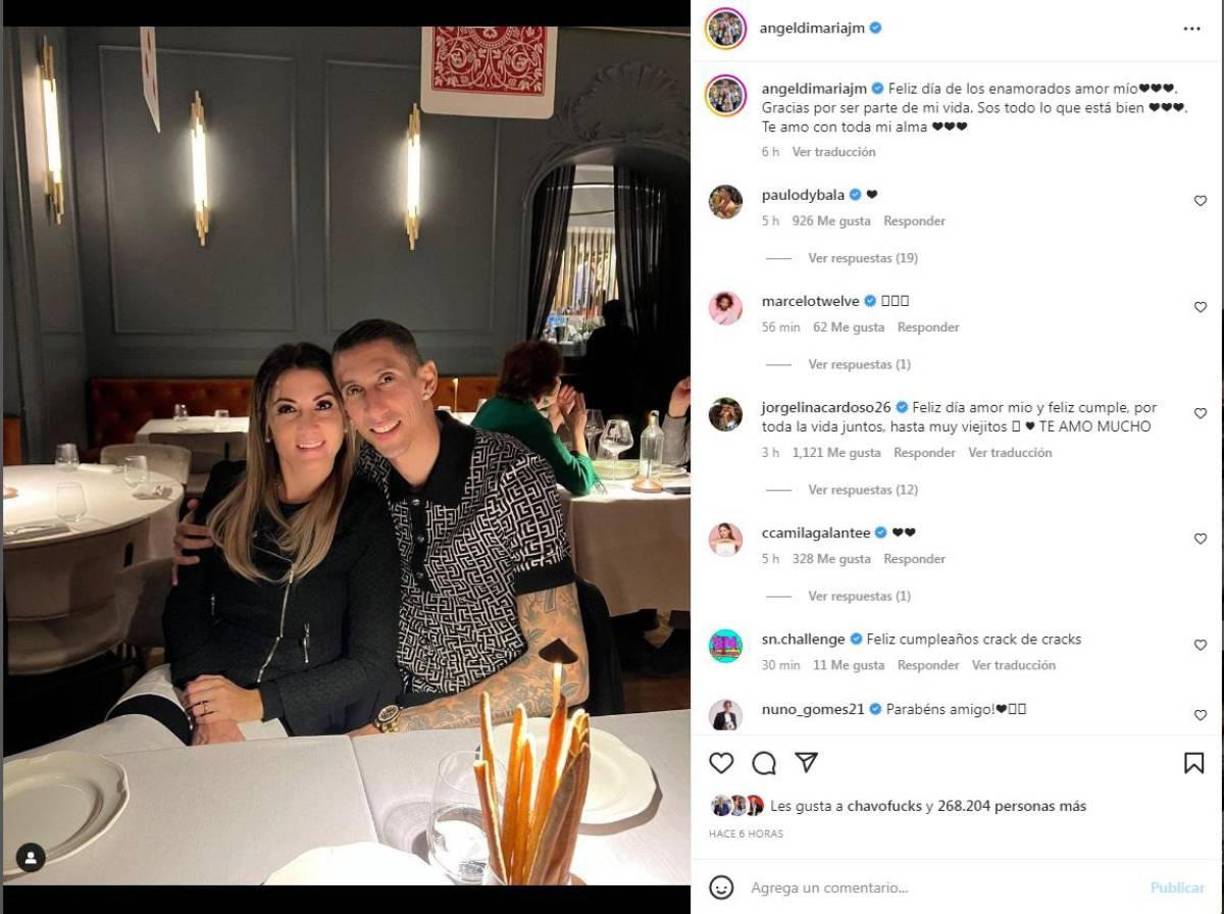 Di María no pudo dedicarle mejores palabras a pareja: “Feliz día de los enamorados amor mío. Gracias por ser parte de mi vida. Sos todo lo que está bien. Te amo con toda mi alma”.