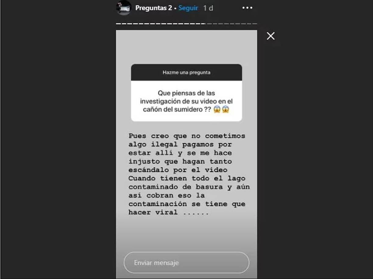 “Pues creo que no cometimos algo ilegal, pagamos por estar ahí y se me hace injusto que hagan tanto escándalo por el video cuando tienen todo el lago contaminado de basura y aun así cobran”, publicó aquella vez Giselle en una historia de Instagram.