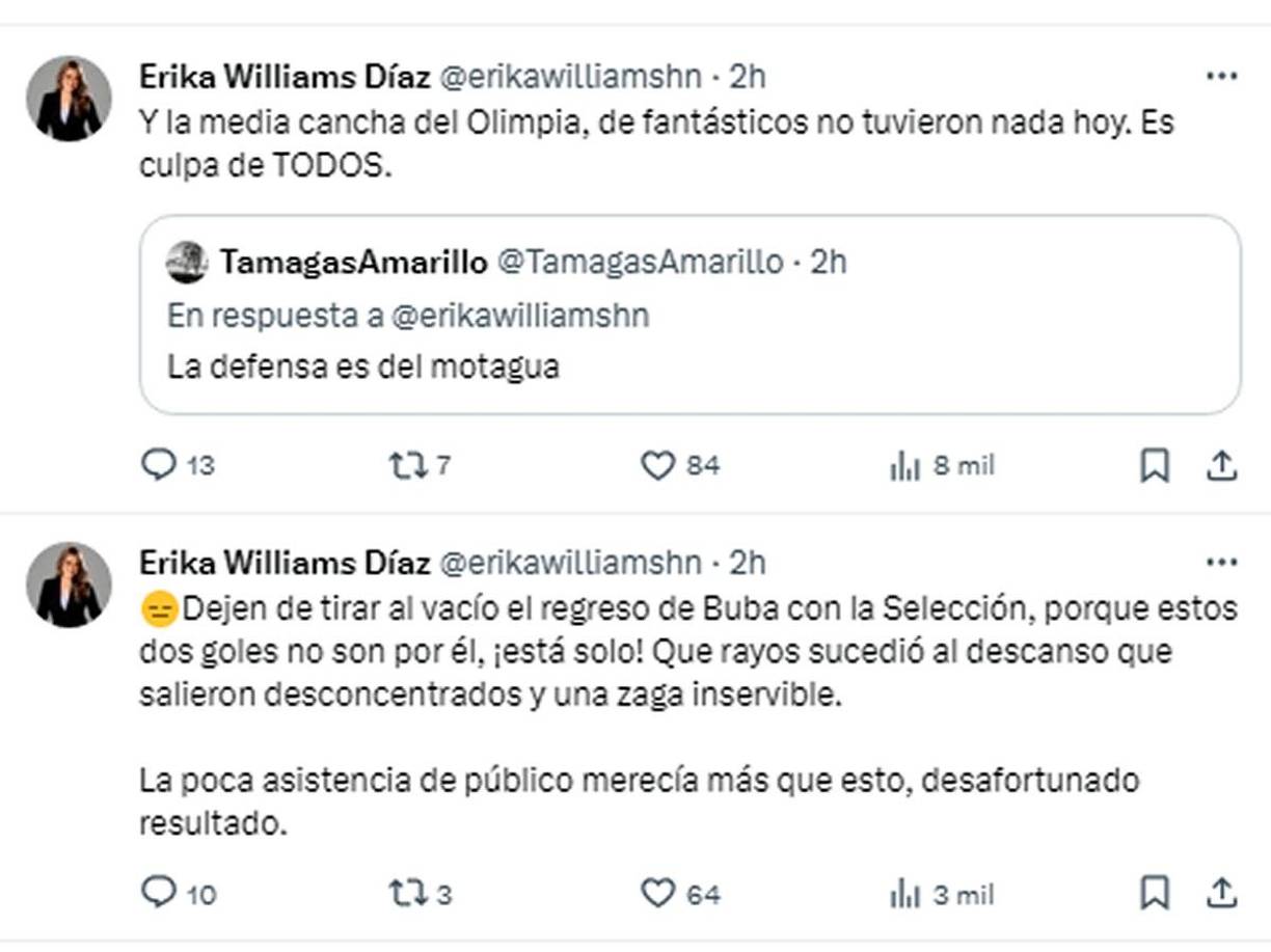 Erika Williams, presentadora del programa ‘Las dueñas del balón’ - “La media cancha del Olimpia, de fantásticos no tuvieron nada hoy. Es culpa de todos”.