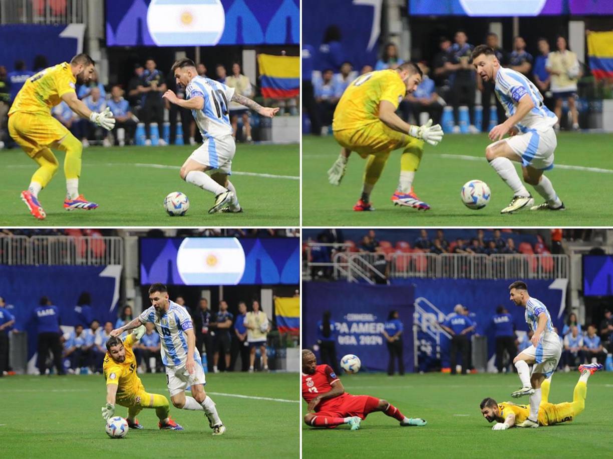 Messi falló esta clara ocasión contra el portero canadiense Maxime Crépeau. Su disparo final pegó en el defensa y se fue afuera.