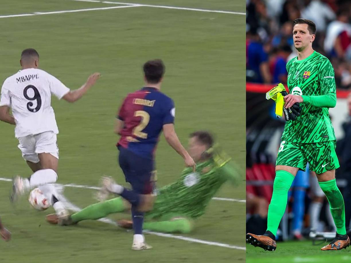 La falta de Wojciech Szczęsny ante Mbappé y que le costó la tarjeta roja al portero polaco. El Barcelona se quedó con 10 hombres.