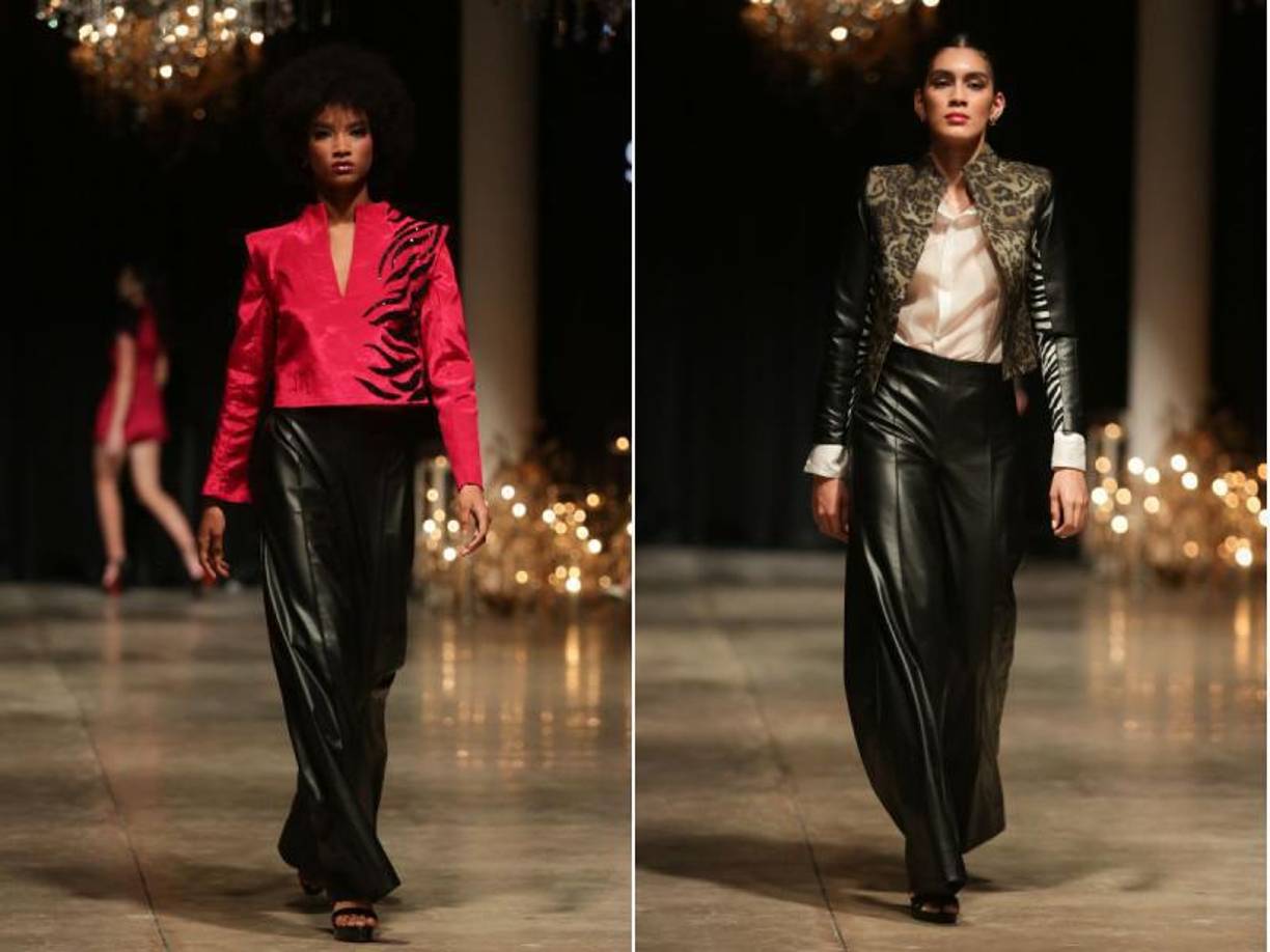 Su audaz apuesta incluyó una serie de blazers estructurados combinados con pantalones de cuero y atrevidos estampados animales.