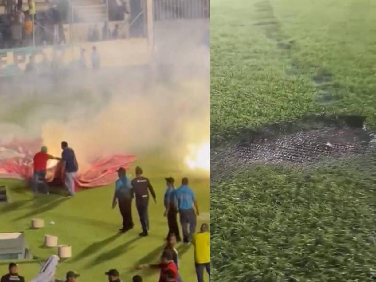 Aficionados del Motagua, molestos por la derrota, comenzaron a lanzar bengalas atrás de la portería de Edrick Menjívar y una lona de publicidad empezó a incendiarse.
