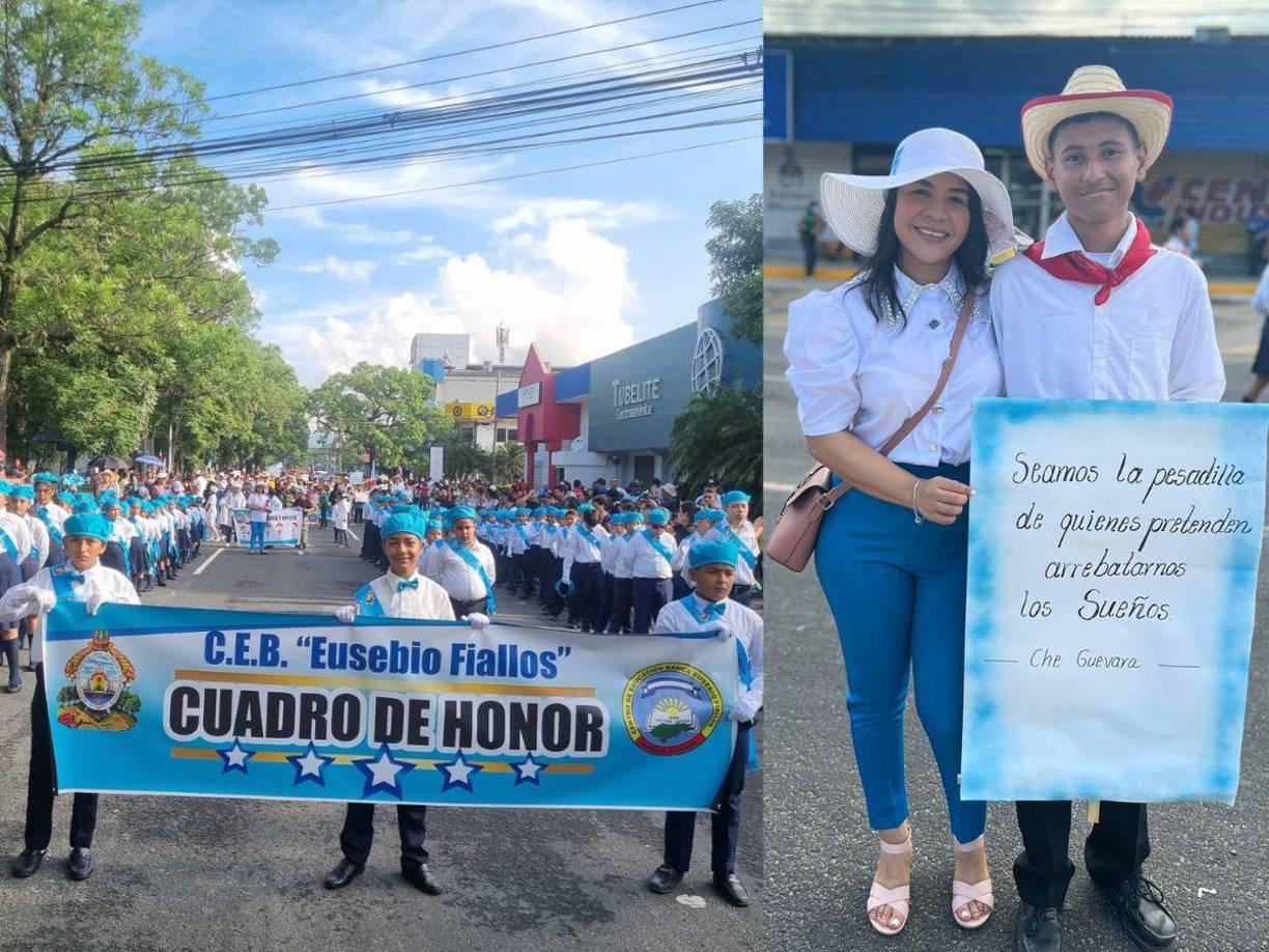 Miles de estudiantes sampedranos rindieron honor con coloridos trajes en festejo del 202 aniversario de Independencia de Honduras. Algunos lo hicieron con efusivos mensajes.