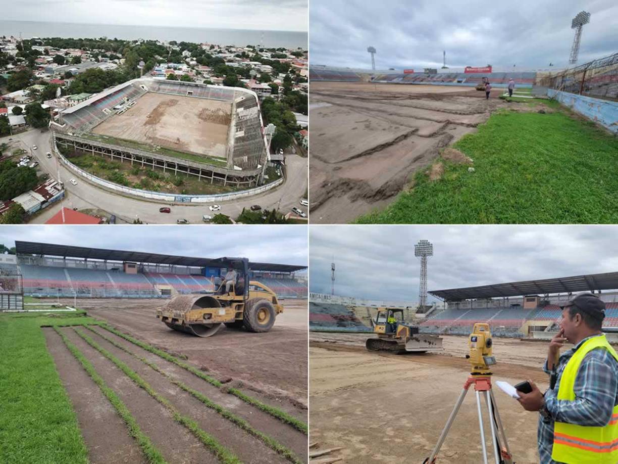 Las imágenes de como siguen los trabajos en el estadio Ceibeño para la remodelación con la instalación de grama híbrida. Se unirá a los estadios Nacional Chelato Uclés y Morazán.