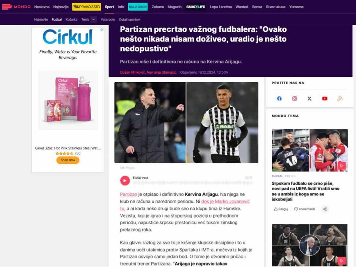 El sitio www.mondo.rs asegura que Kervin Arriaga “abandonará la capital serbia ya durante el mercado de fichajes de invierno”.