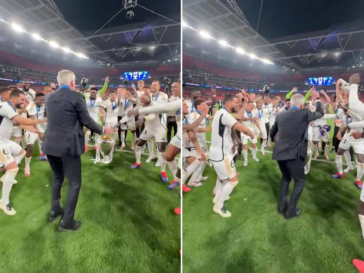 Carlo Ancelotti sacó los pasos prohibidos: el técnico italiano celebrando con la plantilla y luego se puso a bailar.