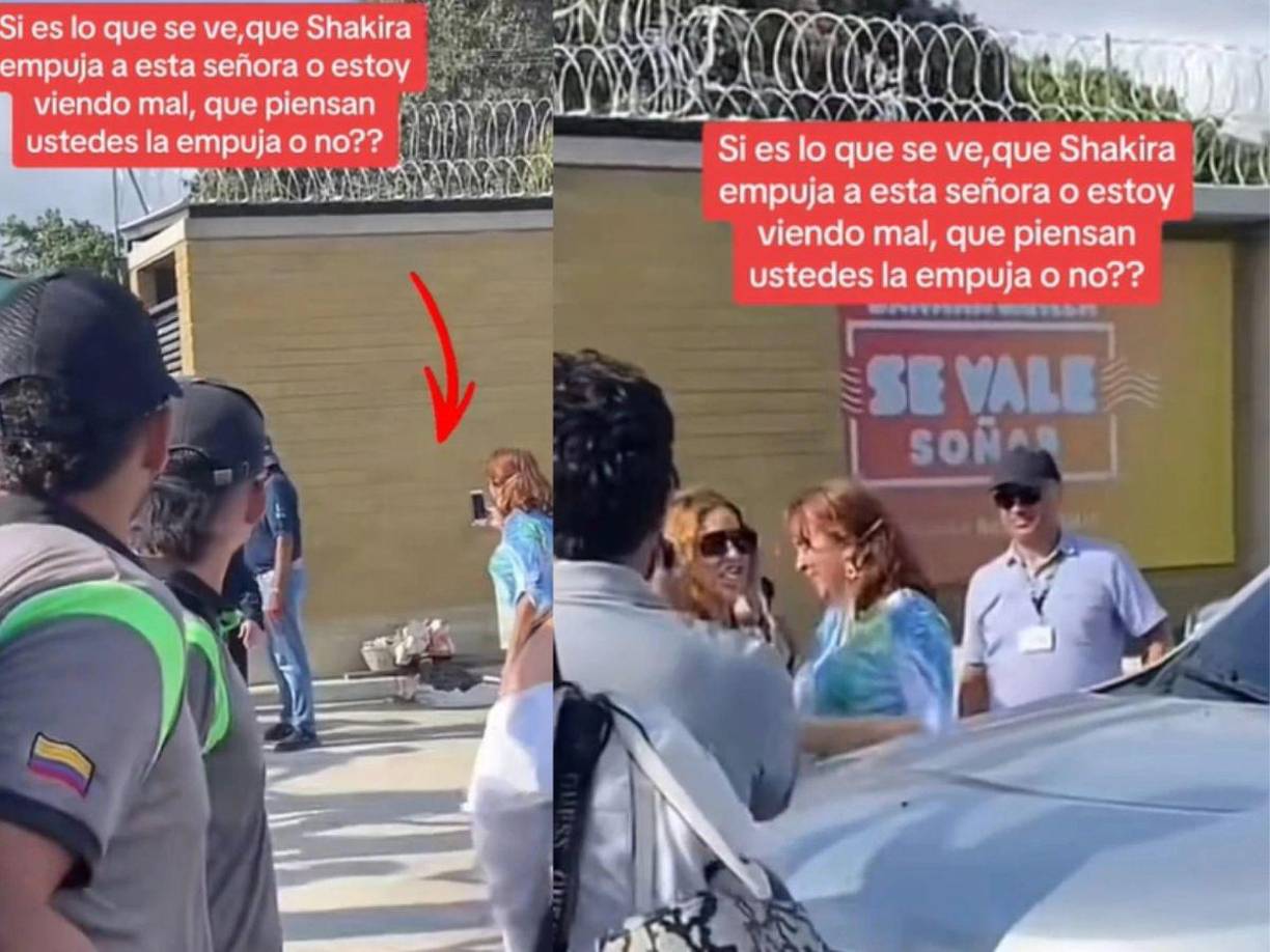 Las imágenes muestran el momento exacto en que Shakira camina hacia su vehículo junto a su equipo de seguridad, pero cuando se encuentra de frente con una señora que portaba blusa azul, tal parece que la famosa la toma del brazo y la empuja hacia un extremo para liberar su camino.