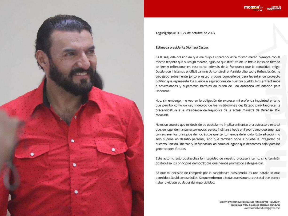 El precandidato presidencial por el Partido Libertad y Refundación, Rasel Tomé, denunció este jueves en una carta pública dirigida a la presidenta Xiomara Castro, un supuesto favoritismo por la otra precandidata de Libre, Rixi Moncada.