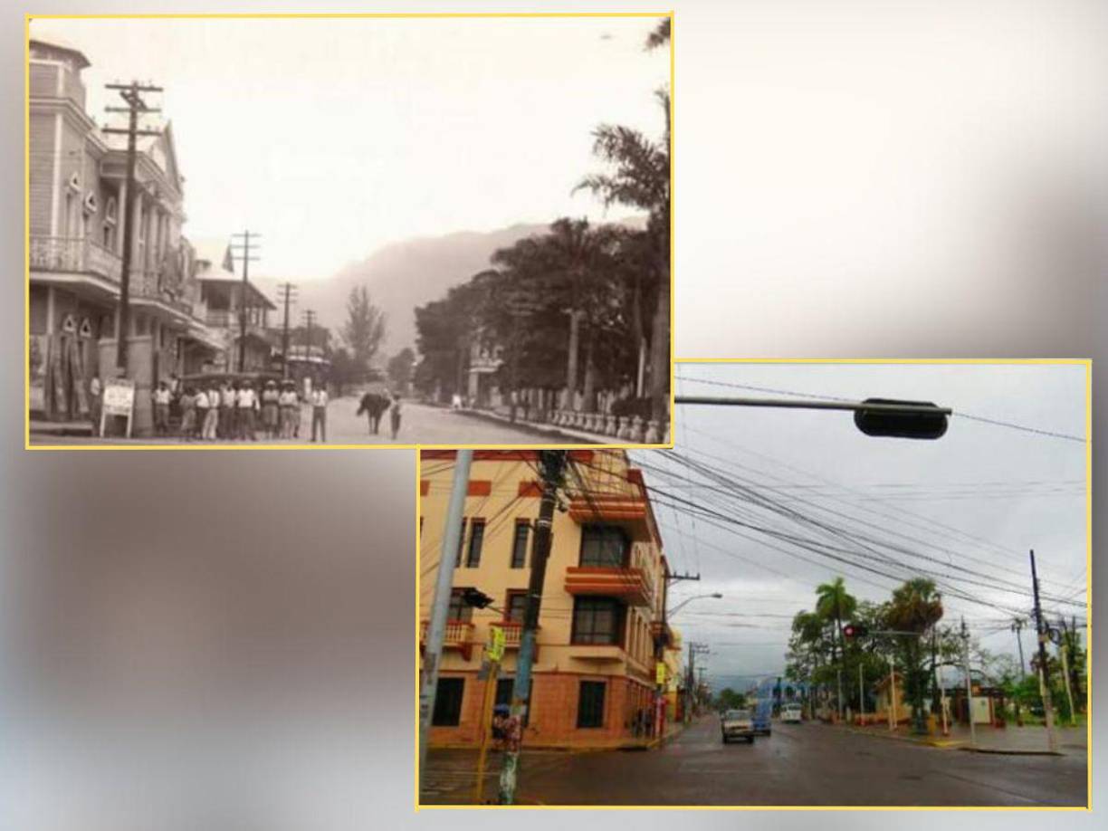 La Ceiba en los años 50, nótese que la céntrica avenida San Isidro todavía está sin pavimentar. En la imagen de abajo así luce en la actualidad. 