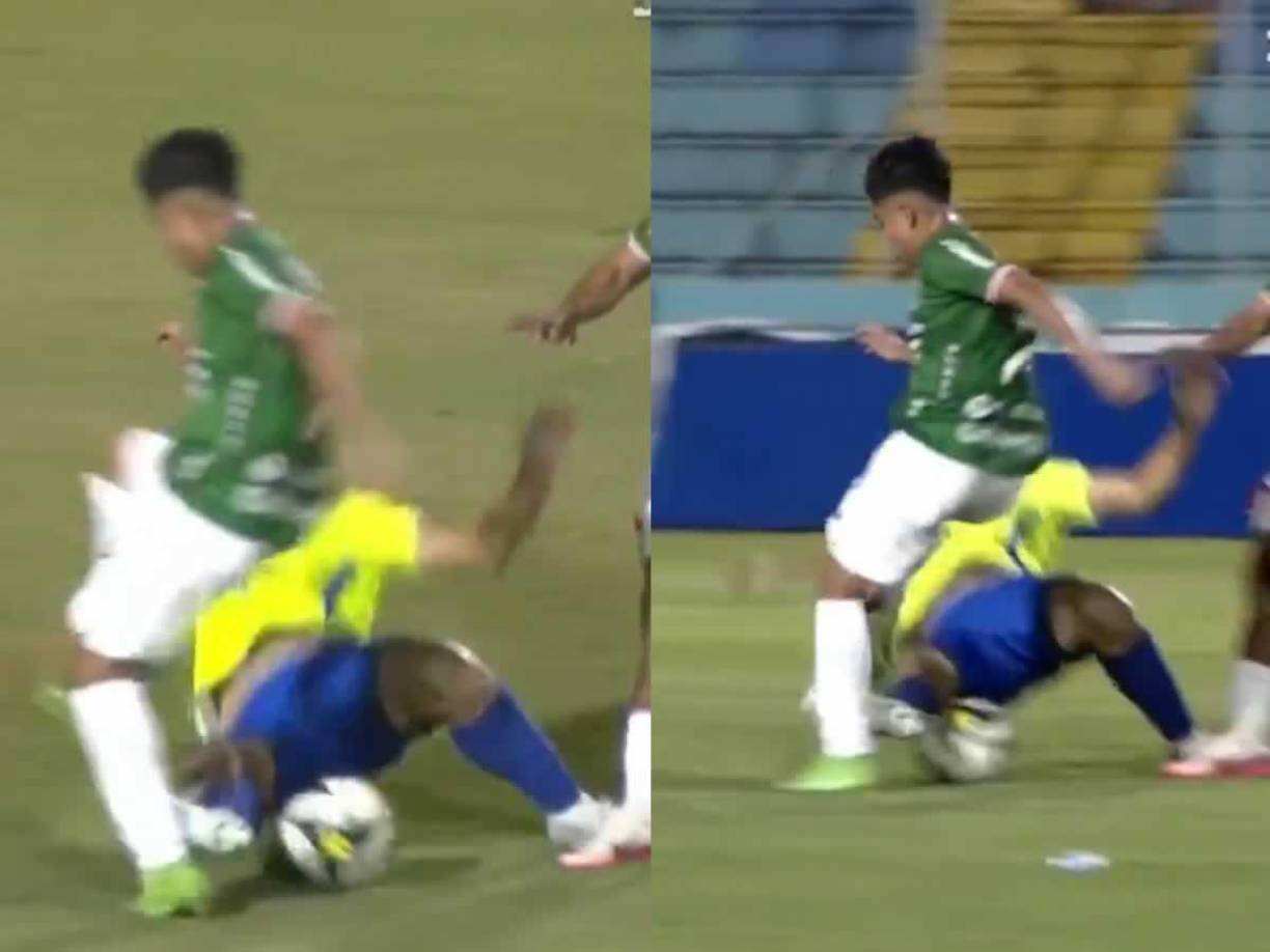 El defensa uruguayo Fabricio Silva le entró con este duro planchazo a Isaac Castillo y se fue expulsado. 