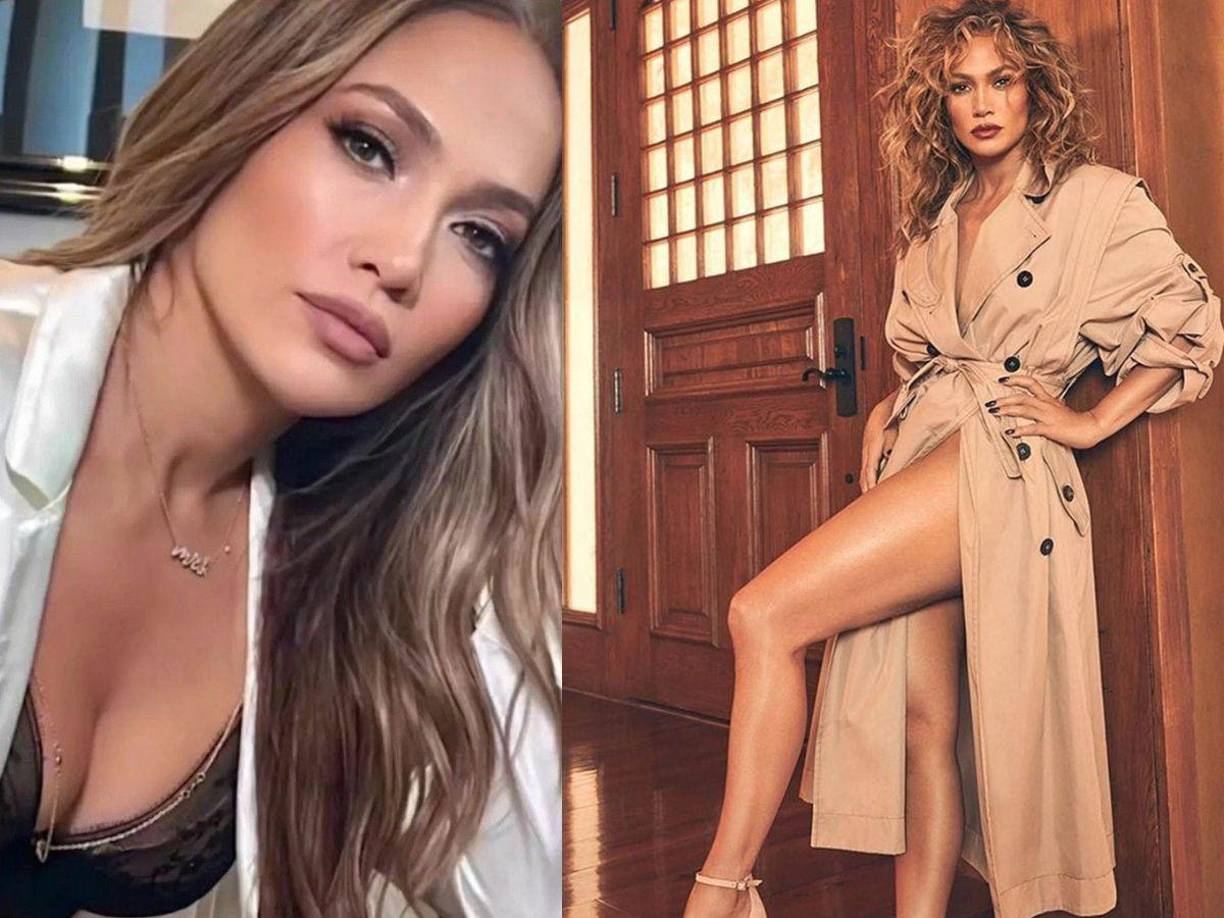 La cantante Jennifer López posó para una sesión de fotos, con un conjunto de lencería color negro con encaje blanco.