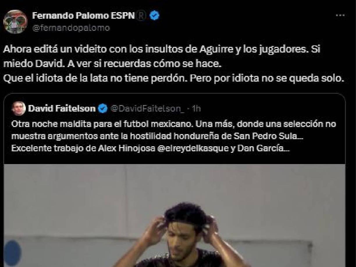 Y Fernando Palomo no dudó en responder: “Ahora editá un videito con los insultos de Aguirre y los jugadores. Sin miedo David. A ver si recuerdas cómo se hace. Que el idiota de la lata no tiene perdón. Pero por idiota no se queda solo”.