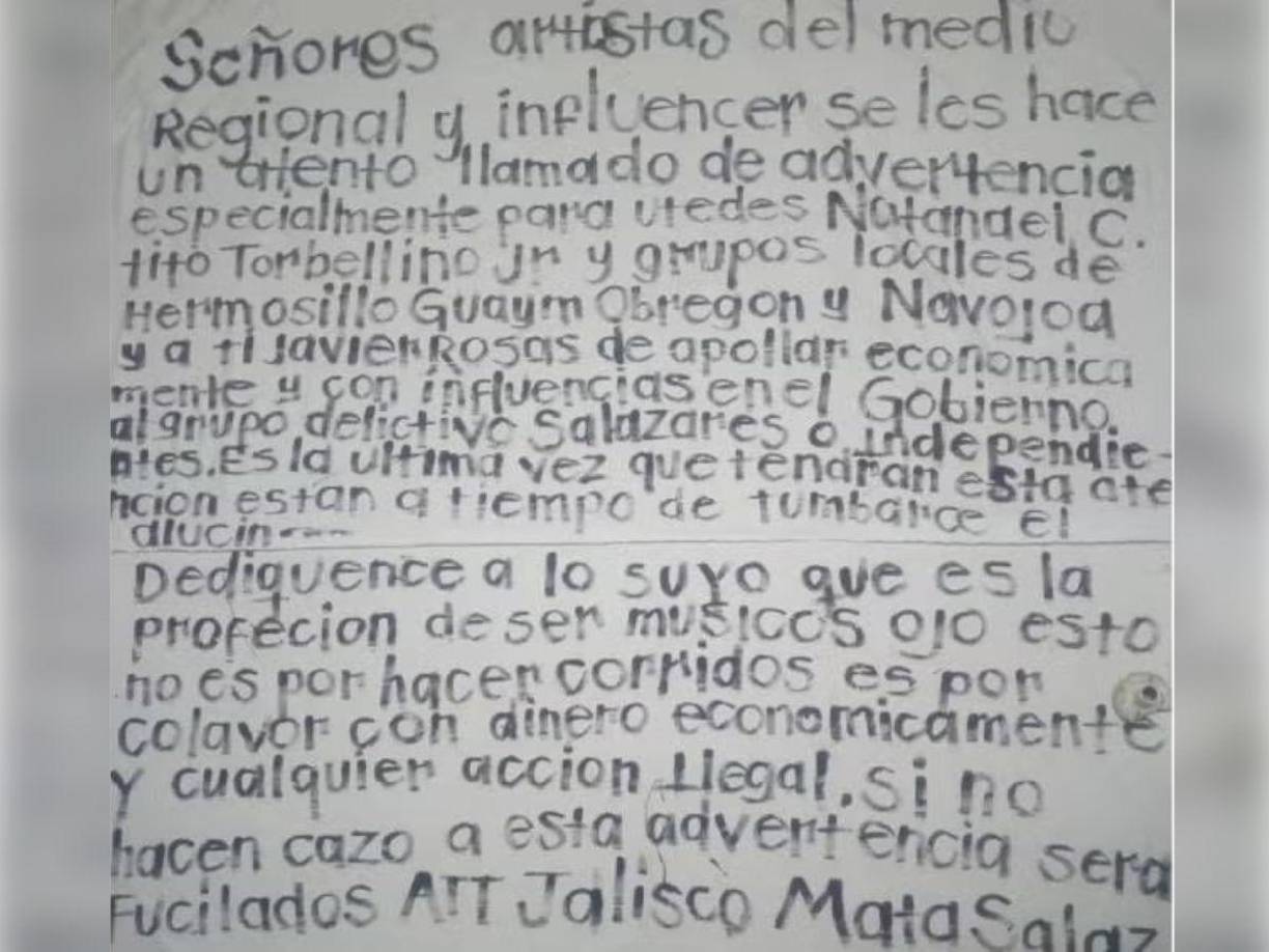  En el mensaje, los artistas fueron acusados de colaborar con Los Salazar, una organización rival en la cruenta lucha por el control del estado. La advertencia no fue sutil: “Dedíquense a lo suyo, que es la profesión de ser músicos. Si no hacen caso a esta advertencia, serán fusilados”, sentenció la narcomanta firmada por “Jalisco Matasalas”.