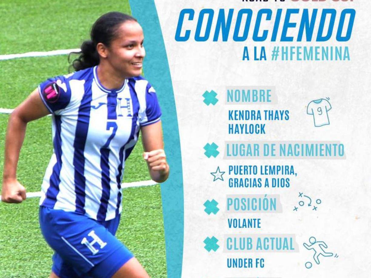 Kendra Haylock - La oriunda de Puerto Lempira, Gracias a Dios, juga de volante y lo hace para el Under FC. Es de las futbolistas a seguir en la Bicolor Femenil que busca clasificar a su primera Copa Oro.