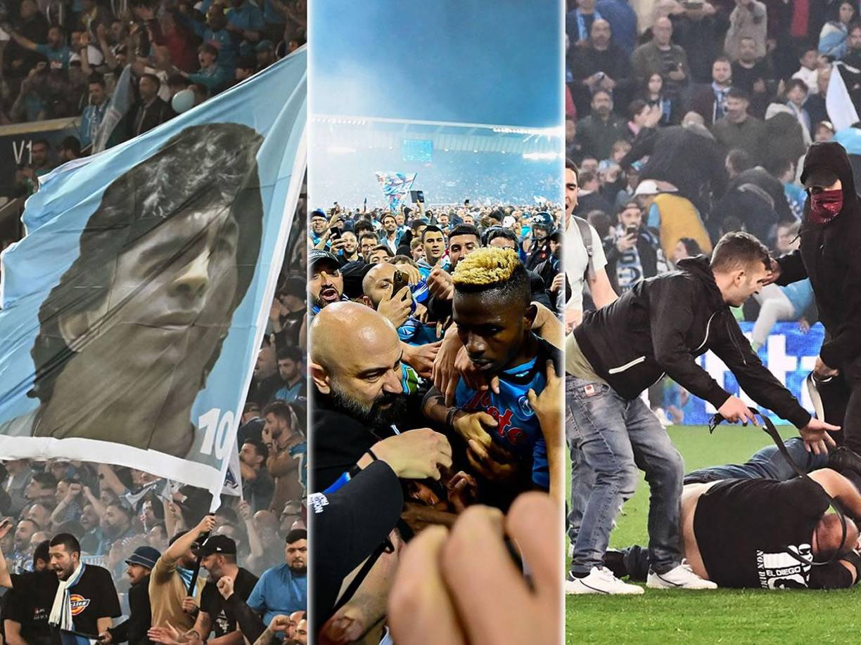 Las imágenes de la celebración del Napoli tras empatar (1-1) contra el Udinese y con ese punto que sumó conquistó el Scudetto de la Serie A 2022-2023 después de 33 años de sequía de títulos.
