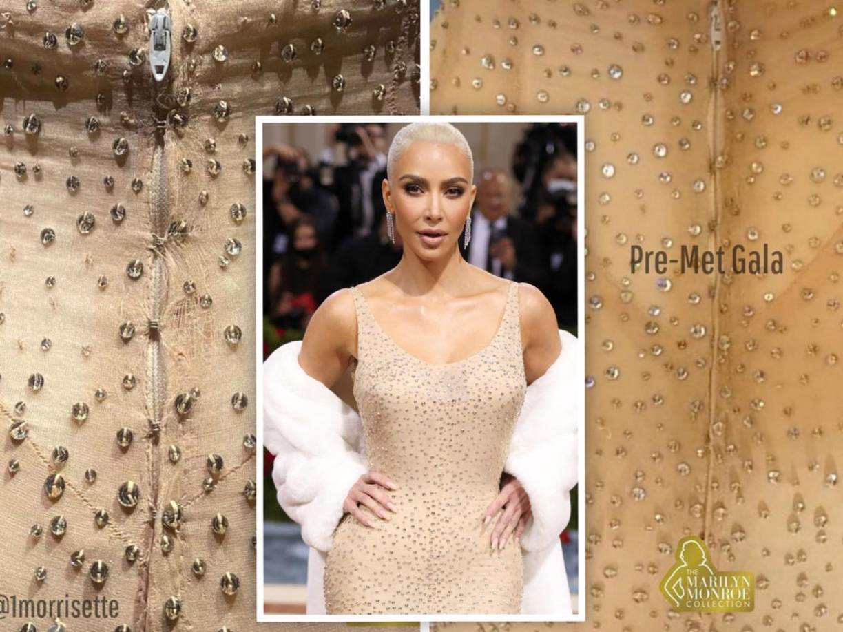 Varias de las aplicaciones de cristal penden de un hilo y hay huecos donde se han caído, aunque no está claro si eso ocurrió antes o después de que Kim tomara prestada la prenda.