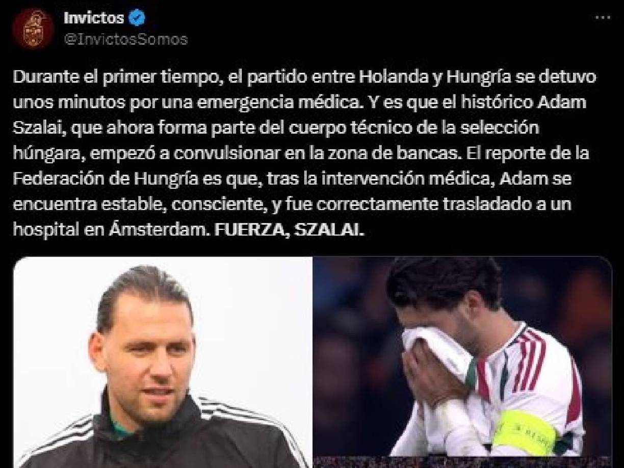 Después fue trasladado a un hospital de Ámsterdam y el choque se reanudó diez minutos después mientras Szalai será sometido a las pruebas médicas pertinentes para conocer el alcance de sus dolencias.