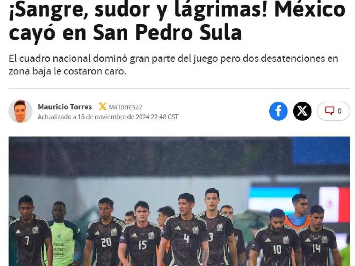 Diario AS de México: “¡Sangre, sudor y lágrimas! México cayó en San Pedro Sula”.