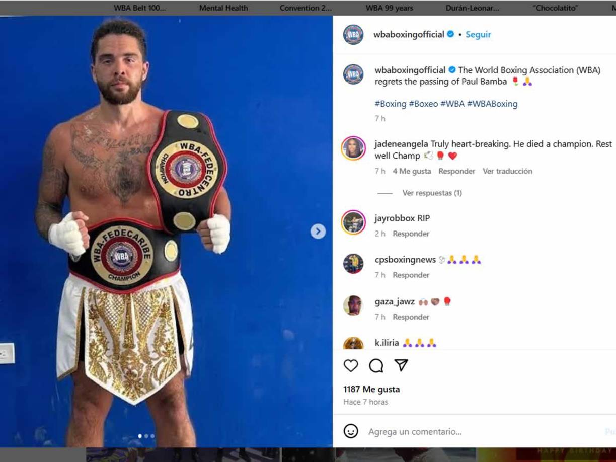 La cuenta oficial de la AMB también posteó imágenes de Bamba en Instagram para despedirlo: “La Asociación Mundial de Boxeo (AMB) lamenta el fallecimiento de Paul Bamba”.