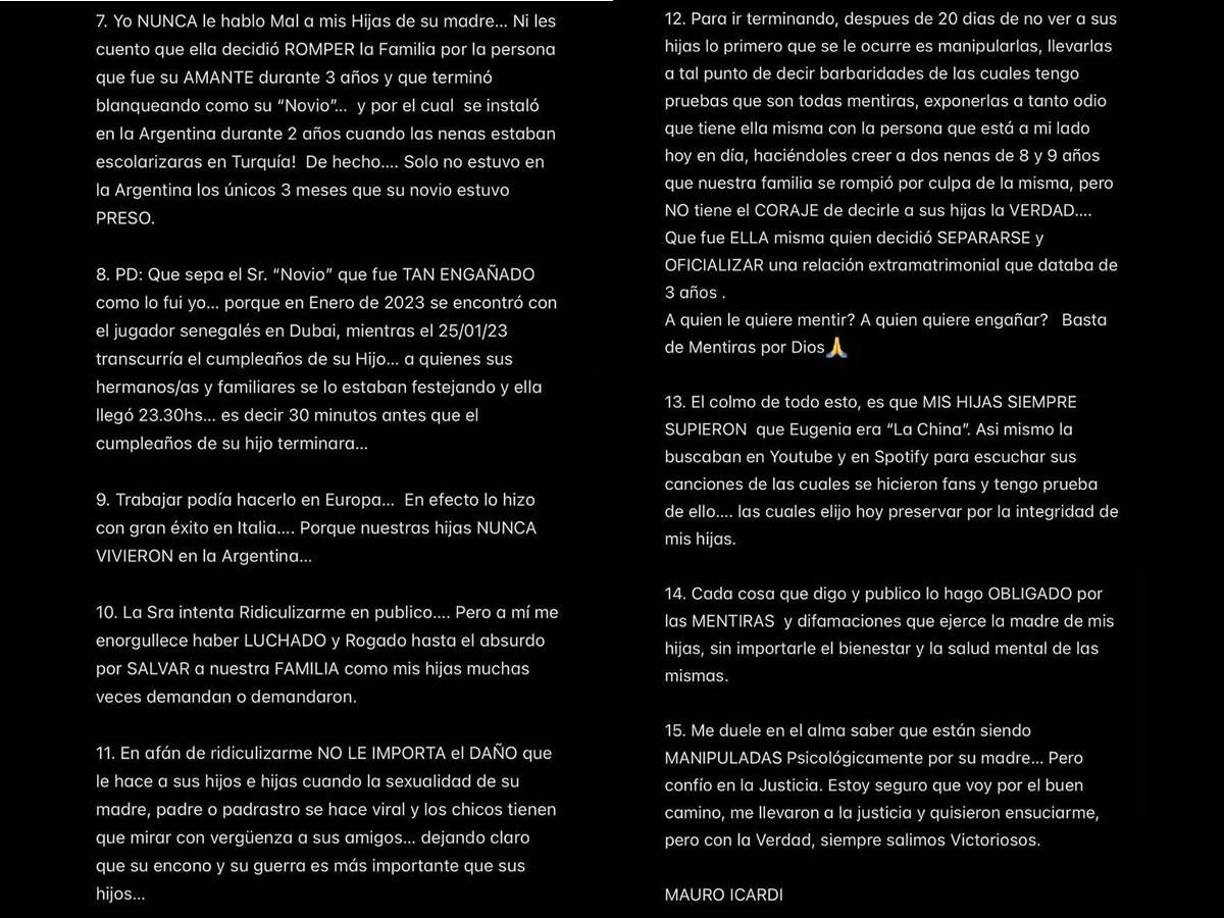El jugador expresó su dolor por la manipulación psicológica que, según él, Wanda Nara ejerce sobre sus hijas. “Confío en la Justicia. Me han intentado ensuciar, pero con la verdad siempre salimos victoriosos”, asegura Icardi.