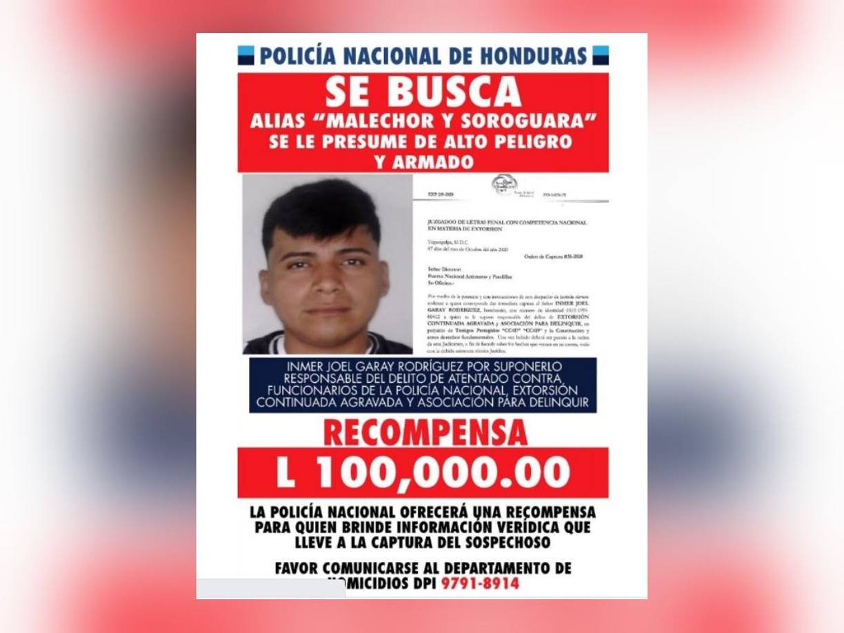 Alias “Malechor” es uno de los abatidos en el enfrentamiento y estaba sindicado como uno de “los más buscados de Honduras”. La policía ofrecía una recompensa de 100,000 lempiras por información relacionada con su paradero. 