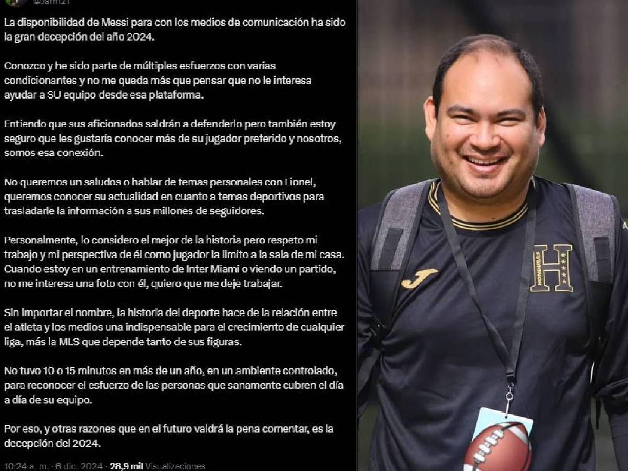 Esta fue la publicación del reportero, comentarista y narrador catracho que cubre al Inter Miami de Lionel Messi.