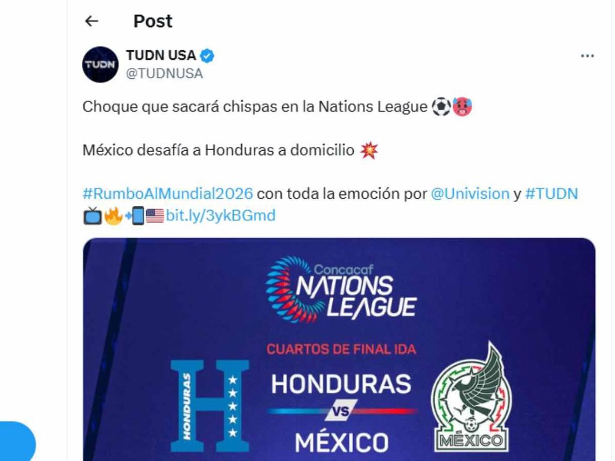 “Choque que sacará chispas en la Nations League”, señalan en TUDN USA.