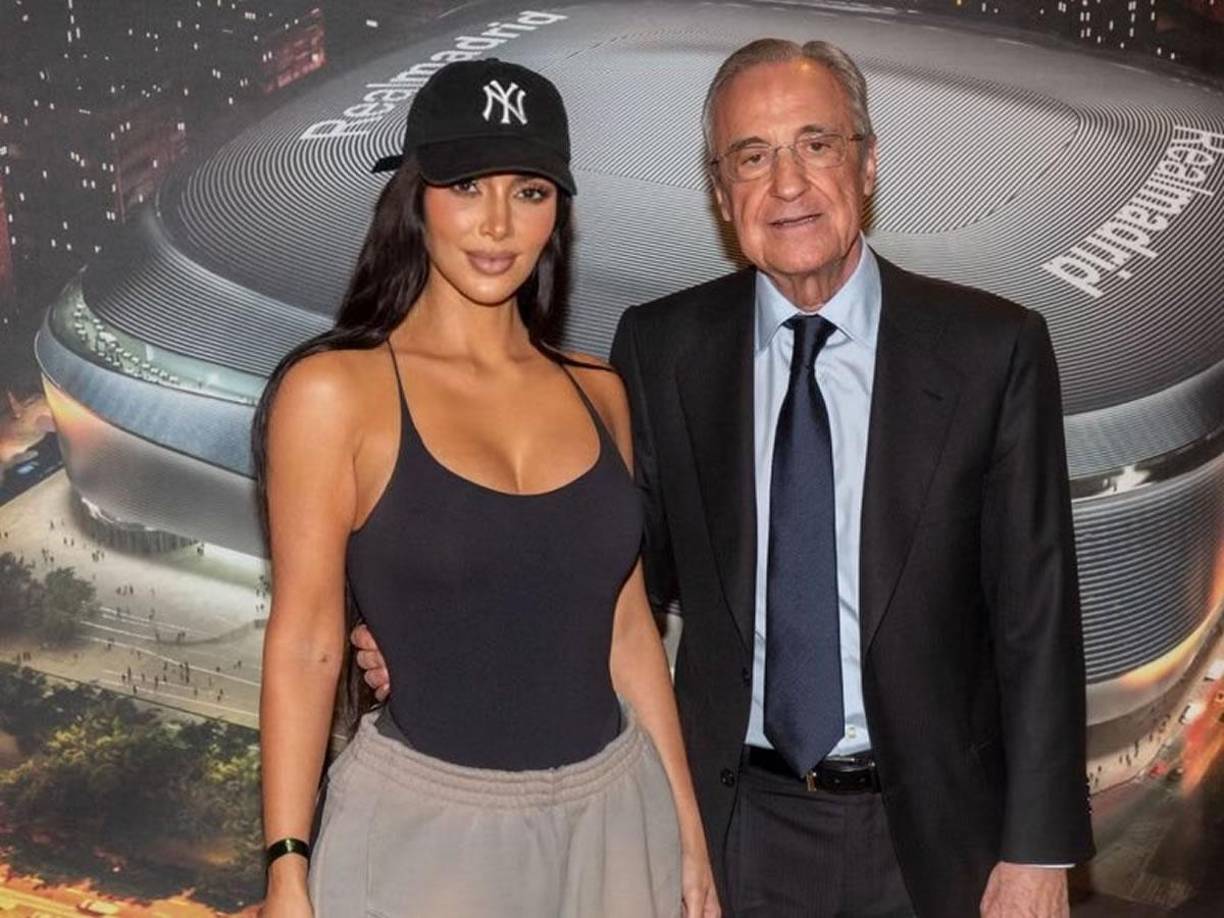 Kim Kardashian se fotografió con Florentino Pérez en el palco de honor del Santiago Bernabéu.