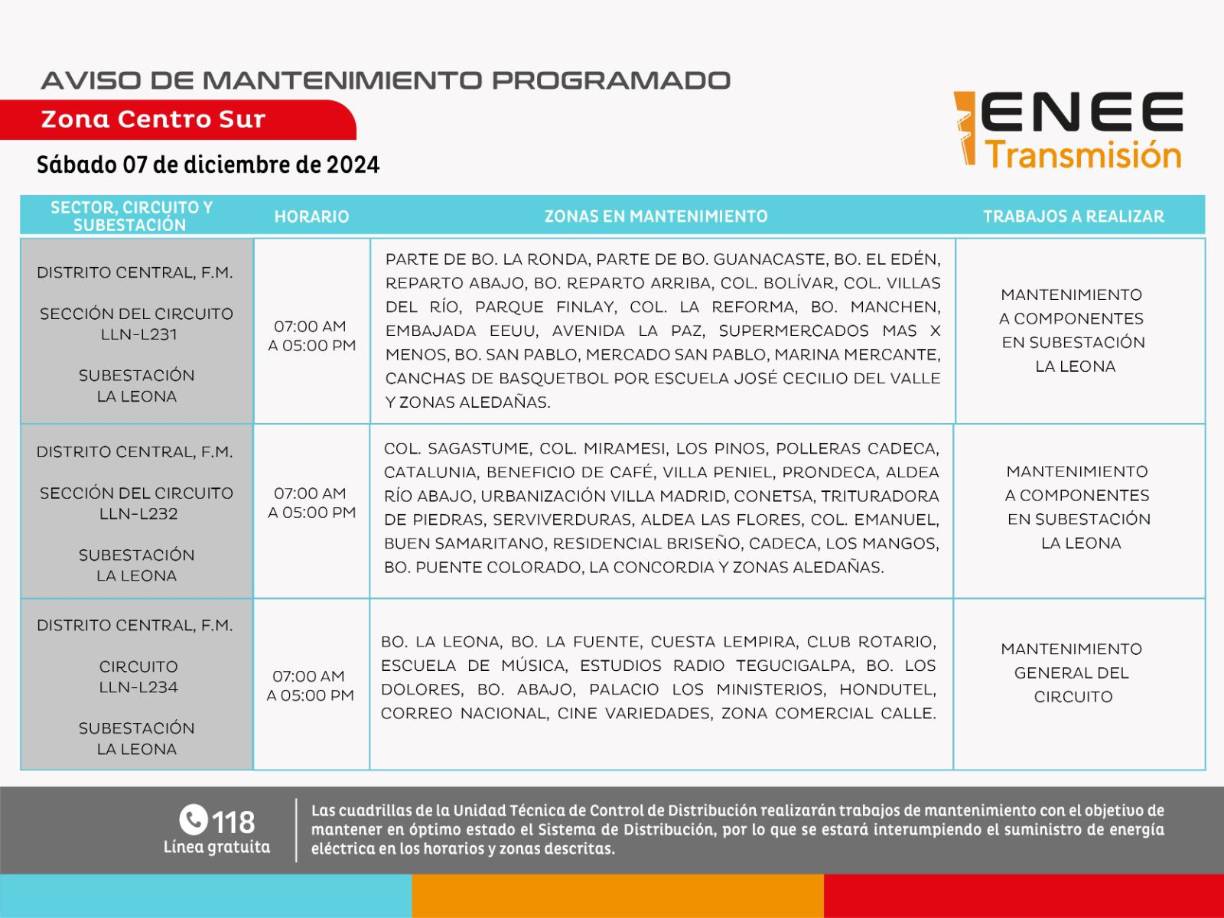 Interrupciones de energía en el Distrito Central en un horario de 7:00 am a 5:00 pm. 