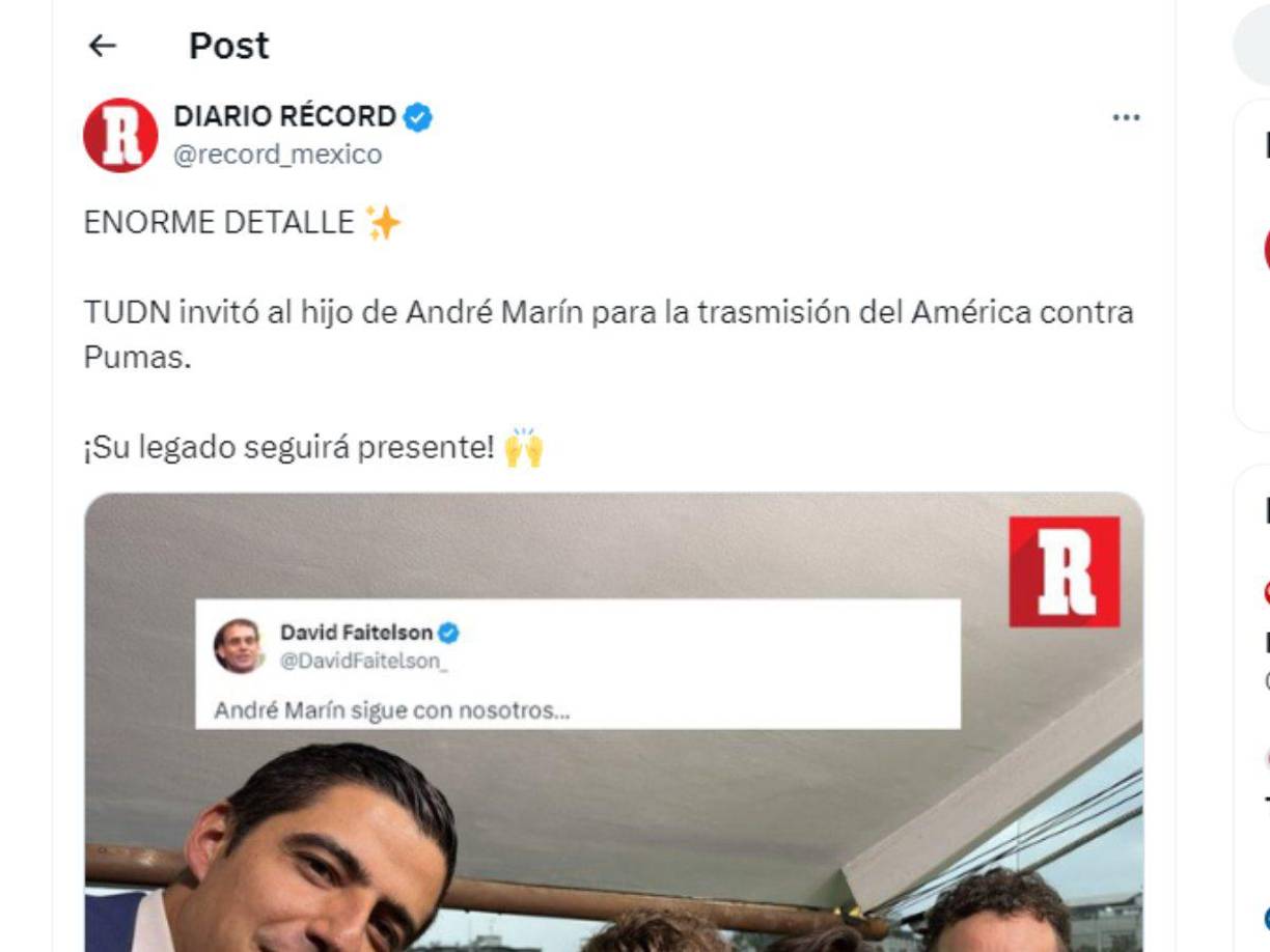 ”Enorme detalle”, señalaron en Diario Récord respecto a la invitación de Faitelson al hijo de Marín de estar como comentarista deportivo en el América vs Pumas.