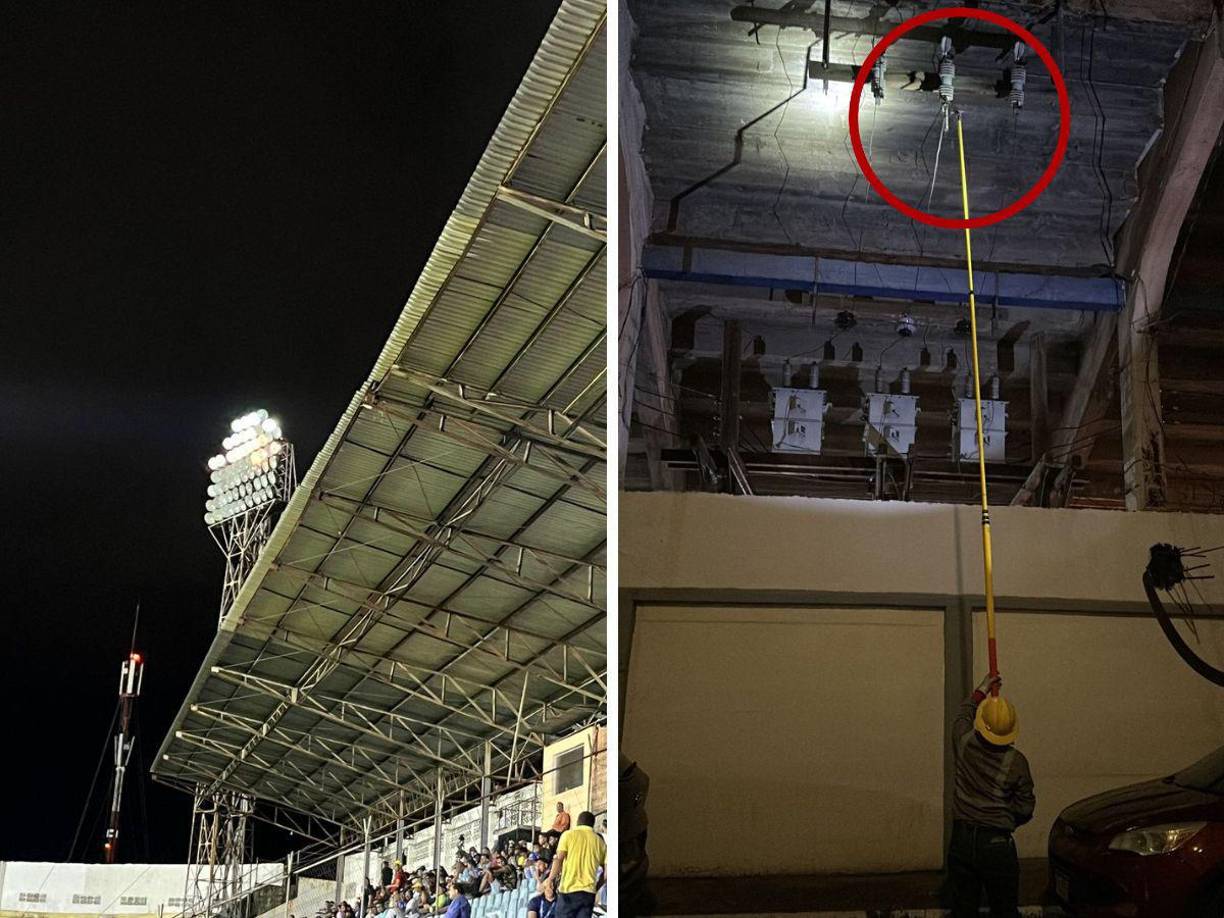 El estadio Ceibeño sufrió un apagón y esta foto es curiosa por la forma que reestablecieron la energía eléctrica.