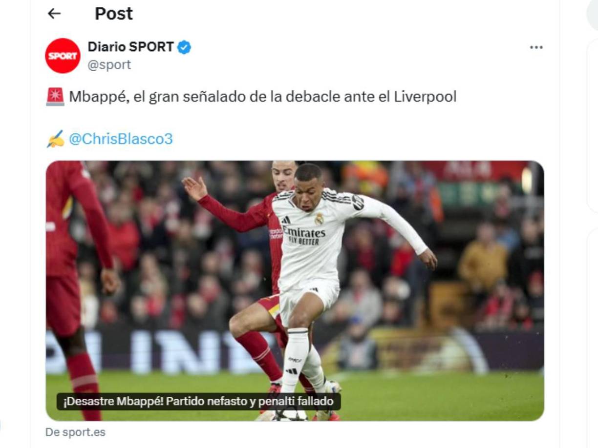 ”Mbappé, el gran señalado de la debacle ante Liverpool”, mencionaron en diario Sport. 