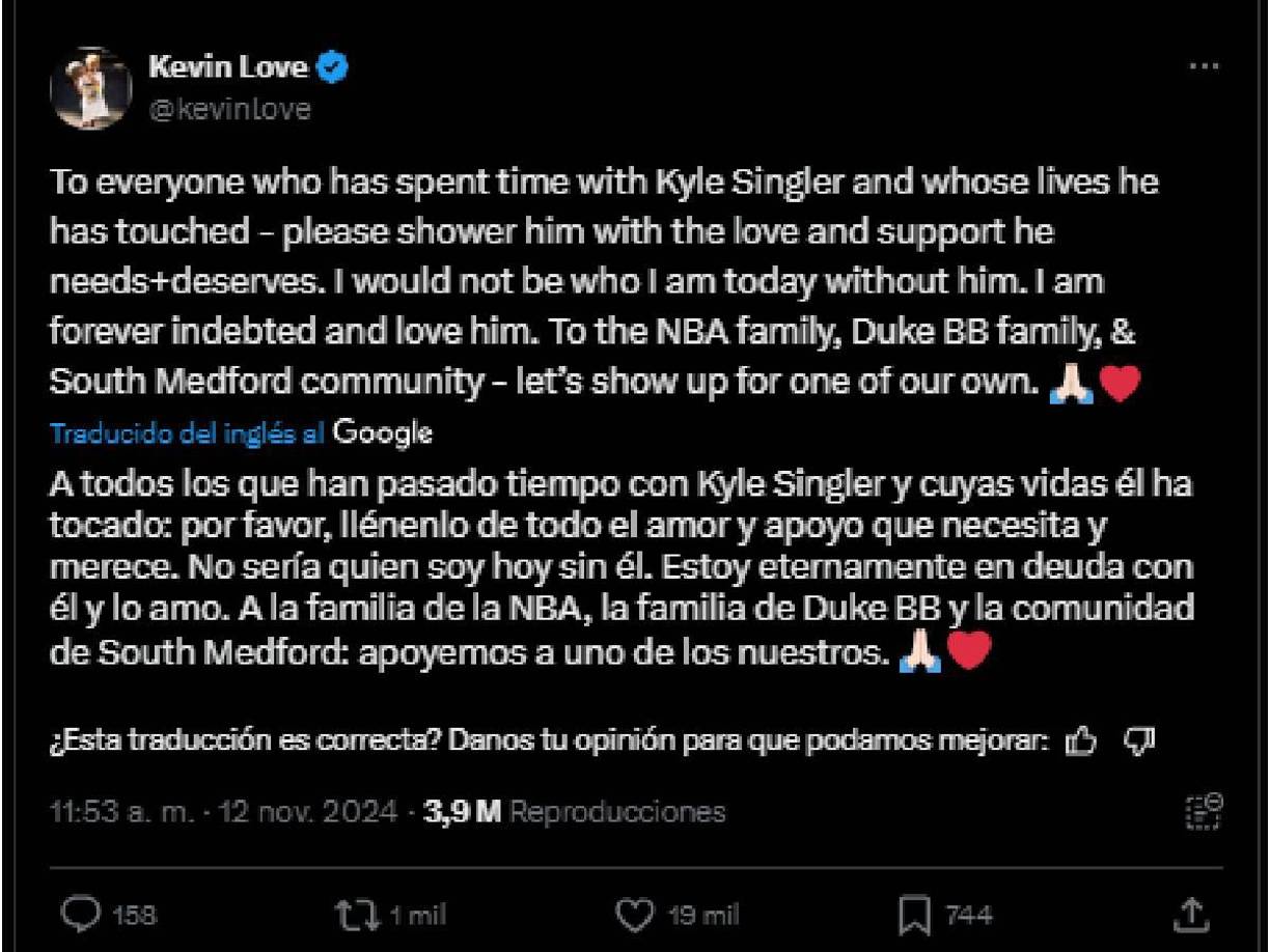 Sin embargo, no se quedó ahí y a través de su cuenta de X (antes Twitter) dejó otro comentario: “A todos los que han pasado tiempo con Kyle Singler y cuyas vidas él ha tocado: por favor, llénelo de todo el amor y apoyo que necesita y merece”.