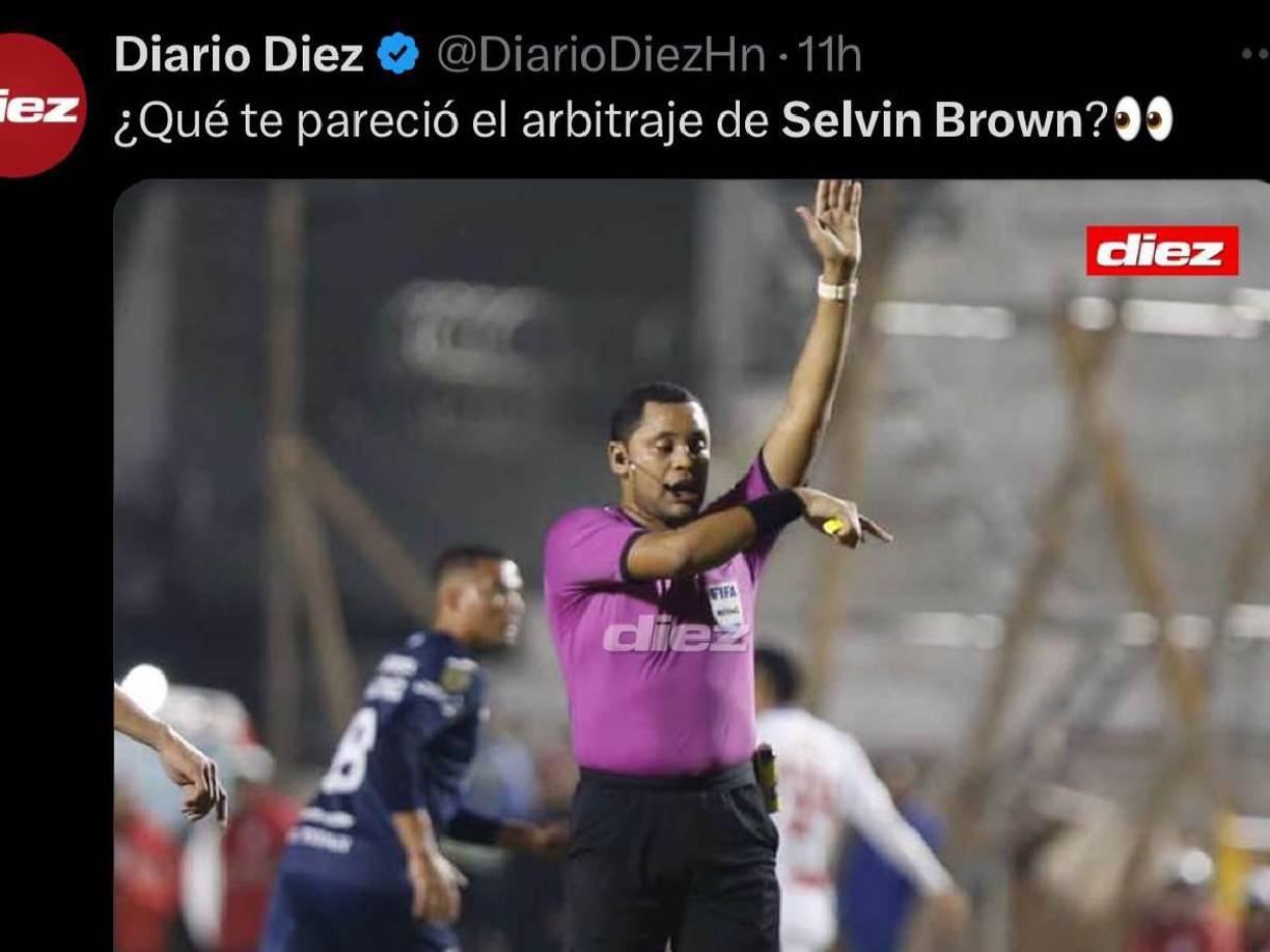 Diario Diez lanzó en sus redes una pregunta que dejó muchas reacciones por parte de los aficionados del Motagua y del Olimpia: “Qué te pareció el arbitraje de Selvin Brown”