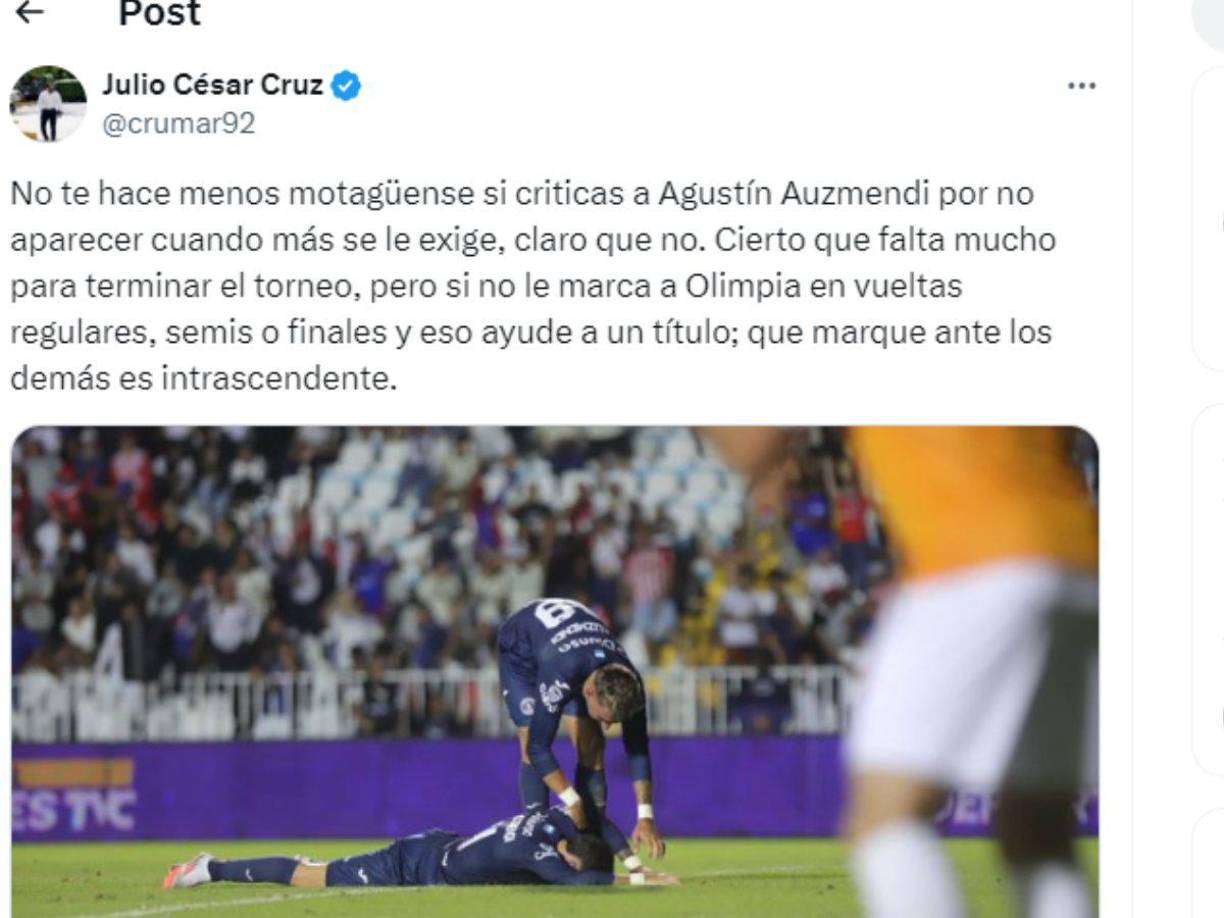 El periodista Julio Cruz dejó su contundente comentario sobre Auzmendi y su sequía en los clásicos ante Olimpia como jugador del Motagua.