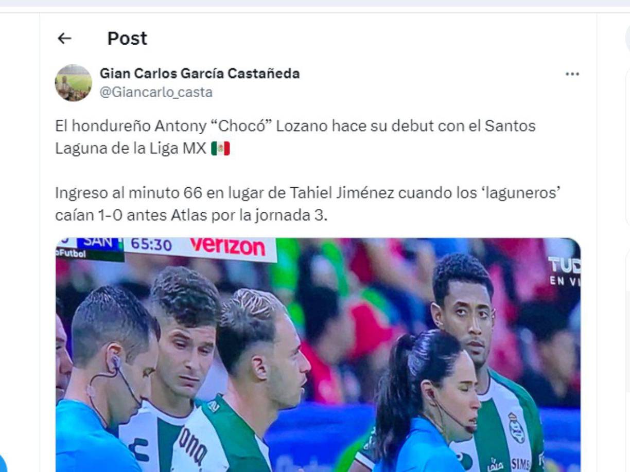 Gian Carlos de Honduras fue otro de los que reaccionó sobre el debut del Choco Lozano en la Liga MX.