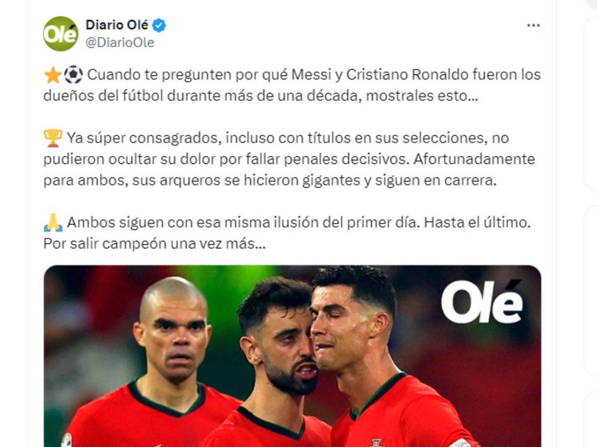 Diario Olé de Argentina recordó que Cristiano Ronaldo también falló un penal hace unos días en la Eurocopa.