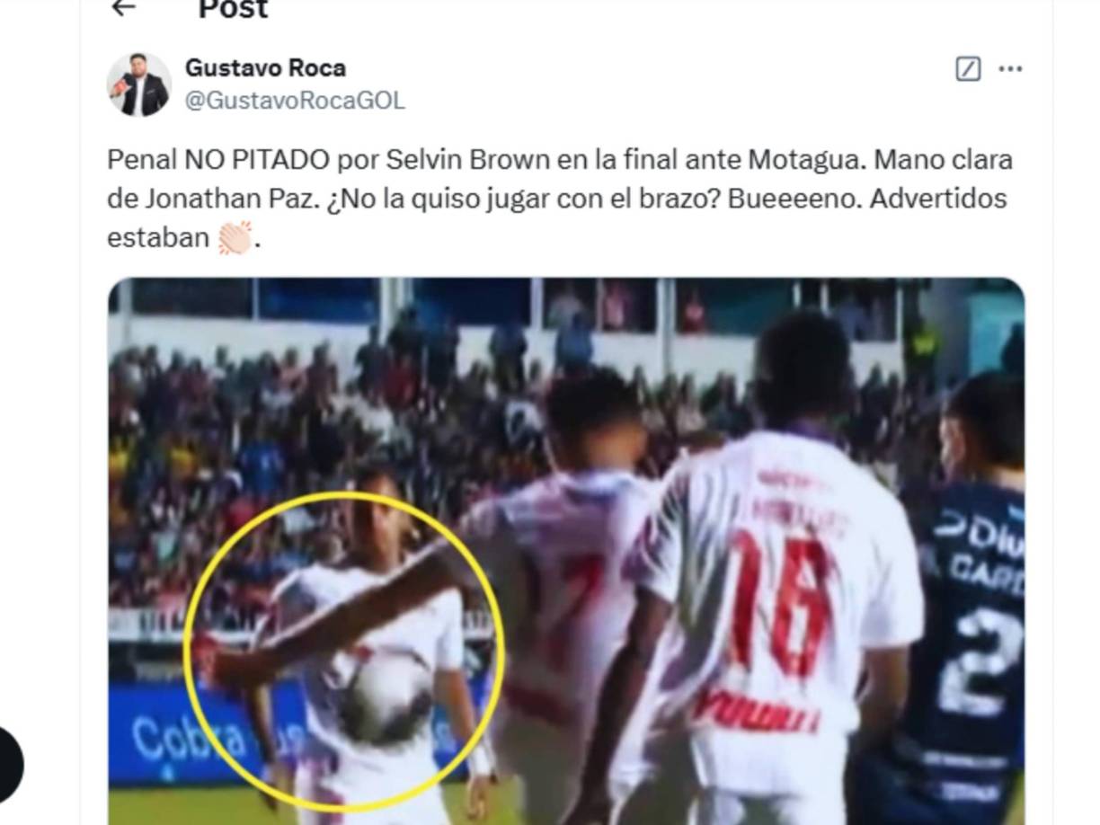 Gustavo Roca señaló que tuvo que haberse sancionado como penal a favor del Motagua la mano dentro del área de Jonathan Paz.