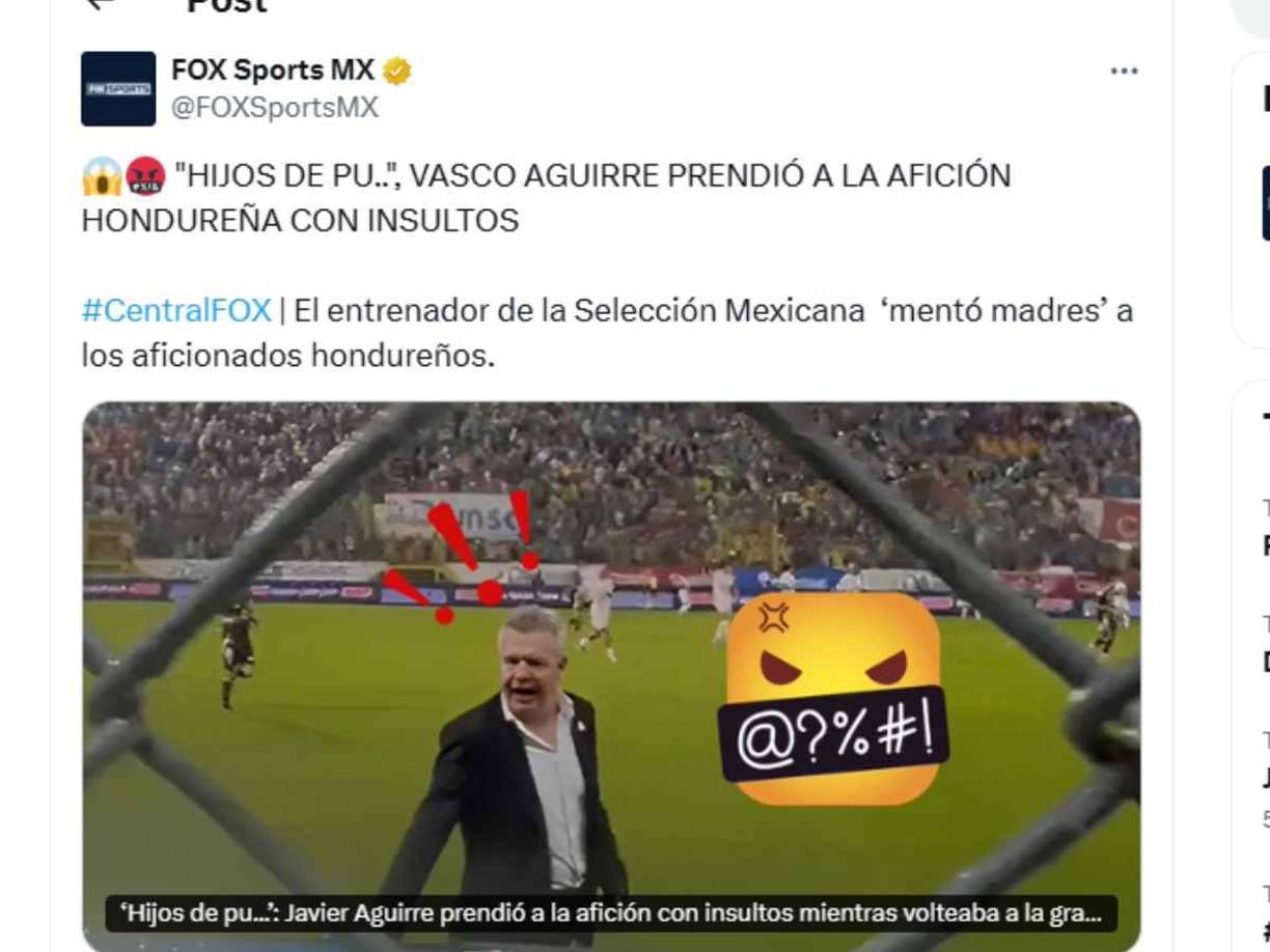 Fox Sports reveló que Vasco Aguirre insultó a los aficionados hondureños y esto provocó que al final le lanzarán latas de cervezas. 