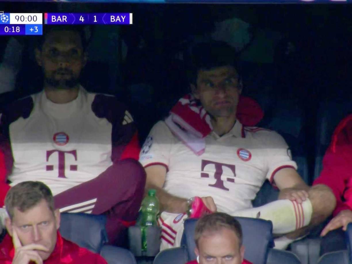 Otra toma de la cara que tenía Thomas Müller en los últimos minutos del partido contra el Barcelona.