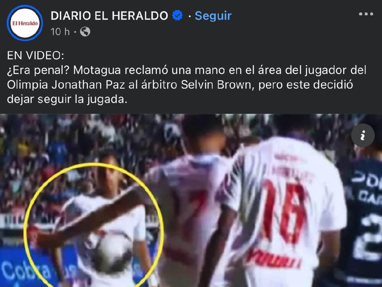 EL HERALDO subió una publicación de la jugada más polémica de la final de ida entre Olimpia y Motagua.