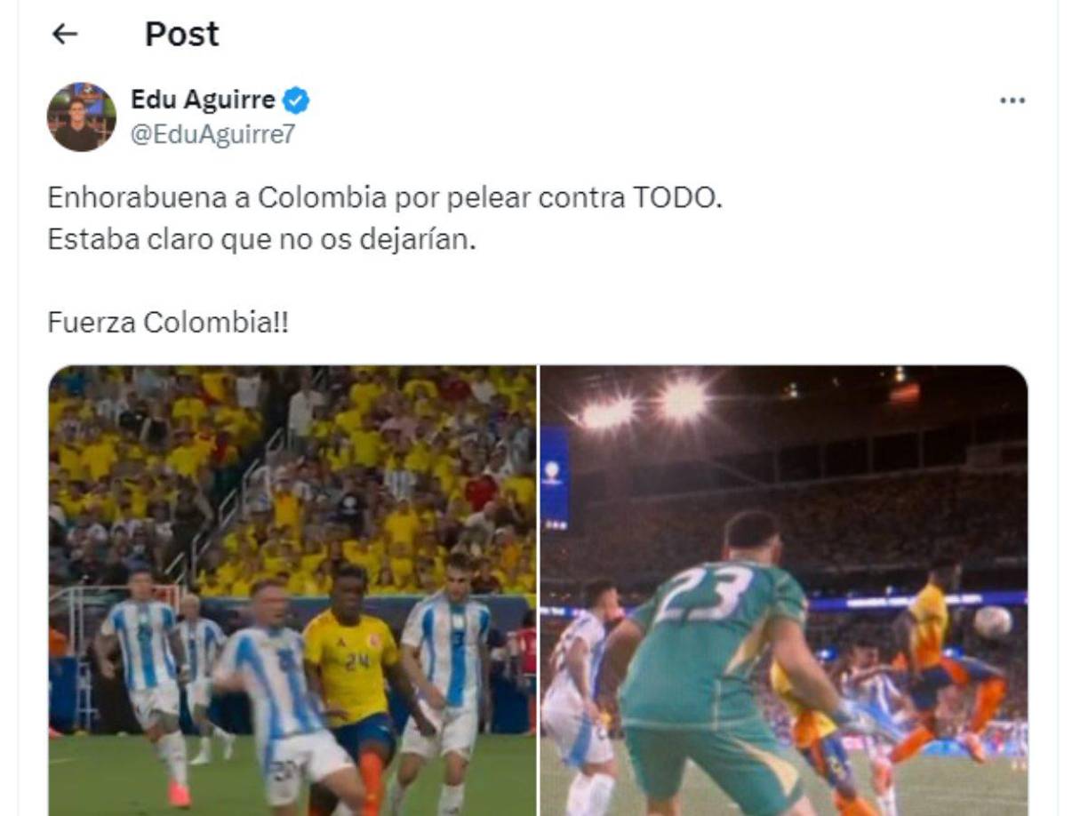 Edu Aguirre, panelista de El Chiringuito y amigo de Cristiano Ronaldo, se mostró indignado y dejó polémico comentario: “Estaba claro que no os dejarían. Fuerza Colombia”, señaló.