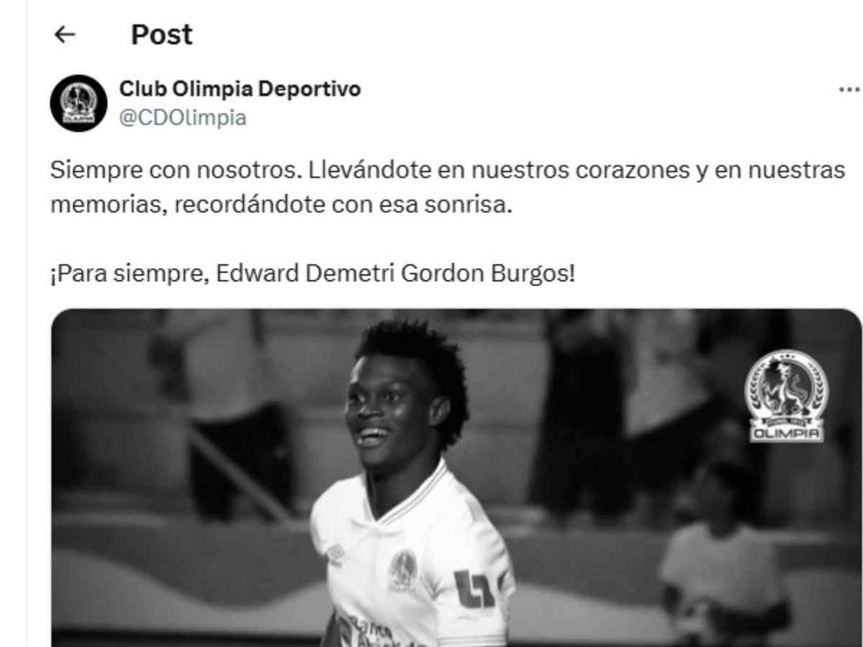 Olimpia se pronunció sobre la muerte de su delantero juvenil: “Siempre con nosotros. Llevándote en nuestros corazones y en nuestras memorias, recordándote con esa sonrisa. ¡Para siempre, Edward Demetri Gordon Burgos!”.