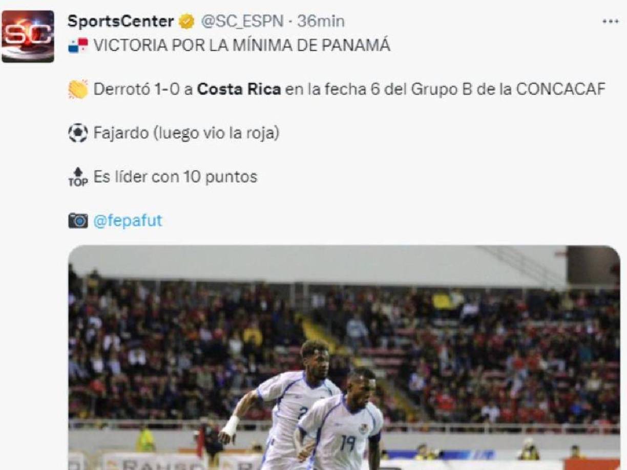 SportsCenter: “VICTORIA POR LA MÍNIMA DE PANAMÁ Derrotó 1-0 a Costa Rica en la fecha 6 del Grupo B de la CONCACAF