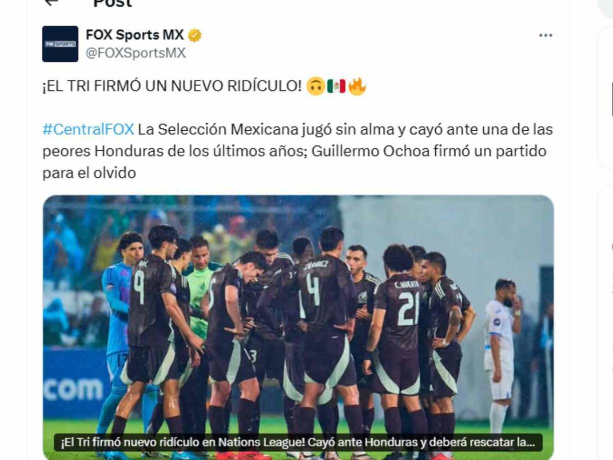 ”El Tri firmó un nuevo ridículo”, fue el fuerte mensaje de Fox Sports. 