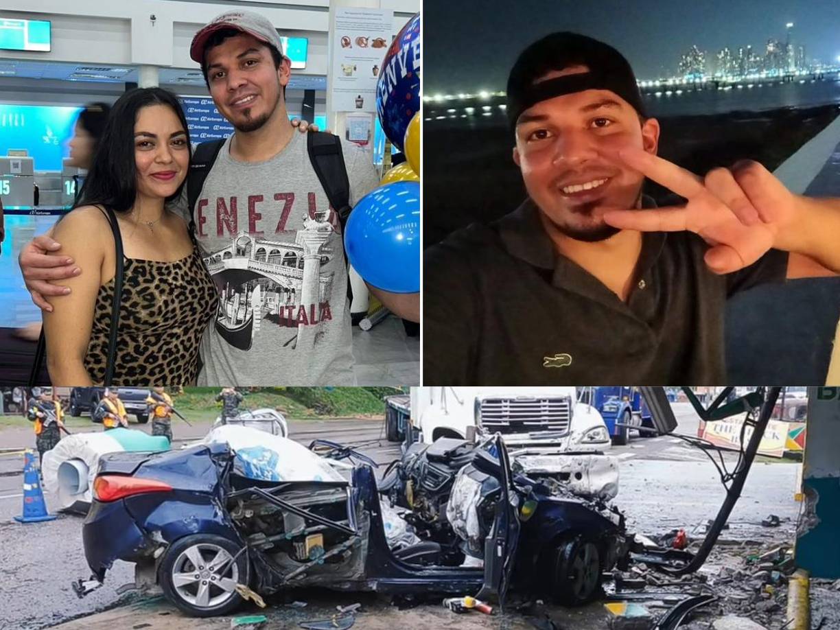 Arriba fotos de Manuel Flores y su pareja Celeste Sierra. Abajo se observa cómo quedó el carro en que se conducían.