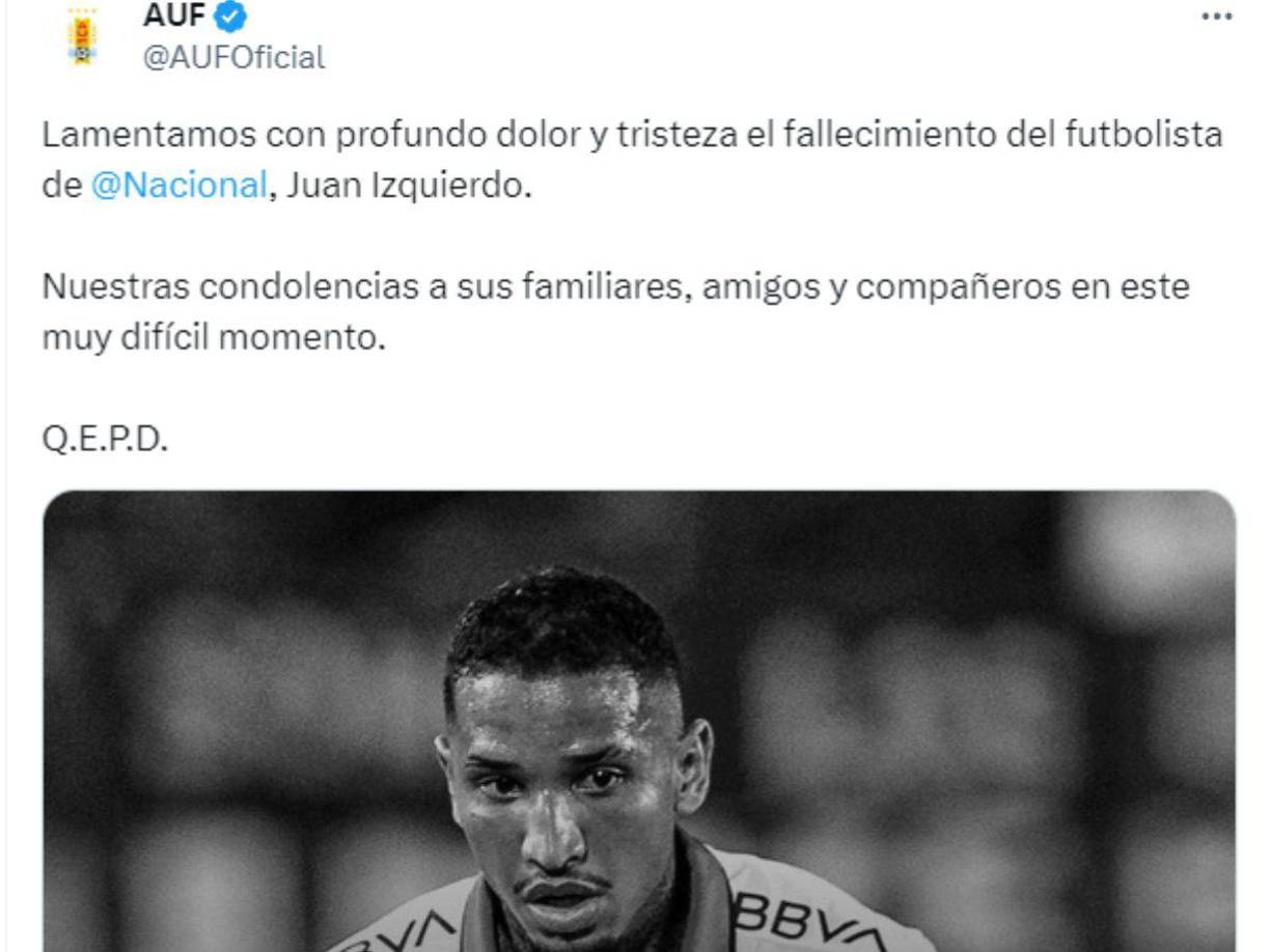 La Federación de Fútbol de Uruguay lamentó la muerte de Juan Izquierdo.