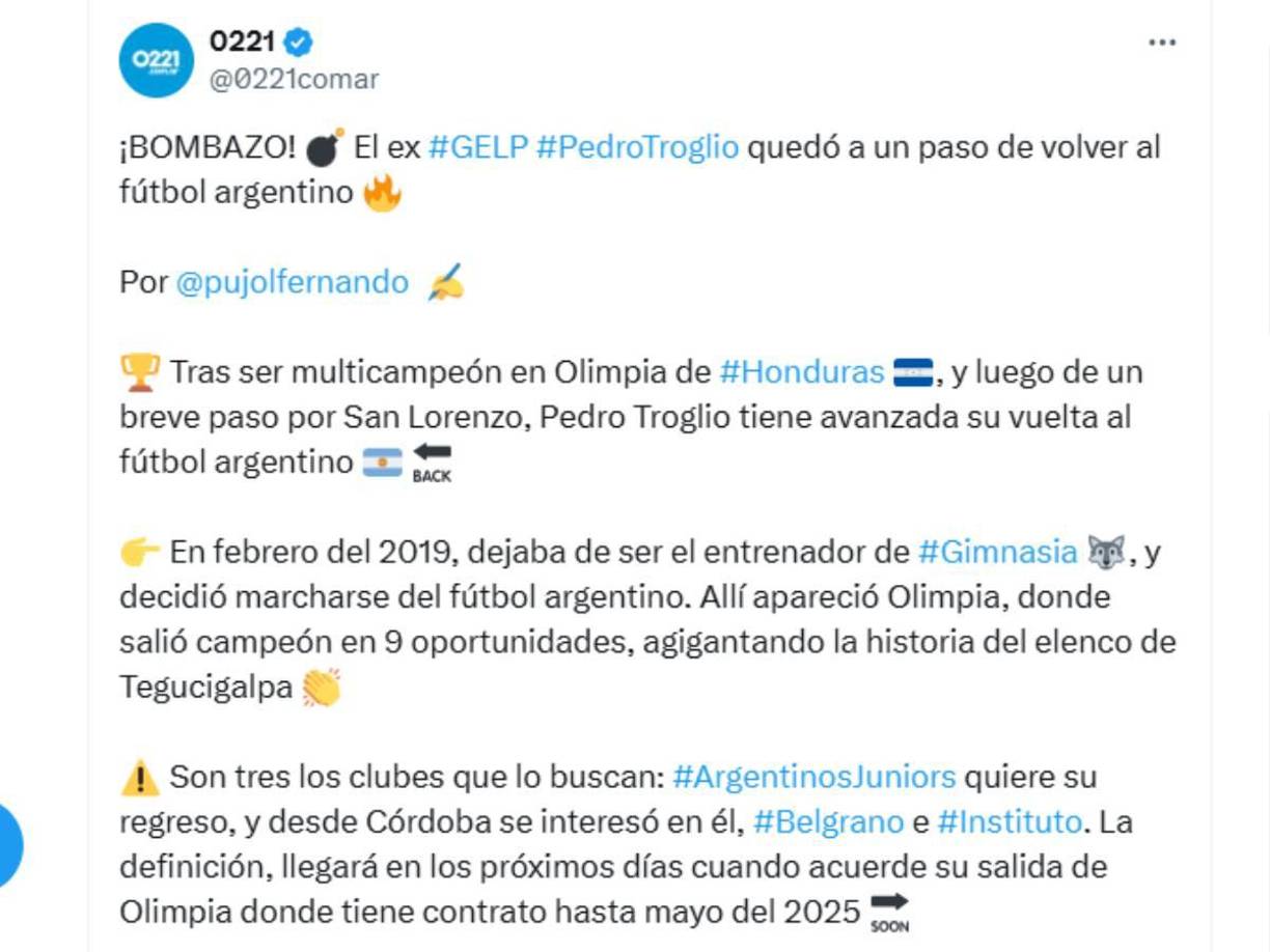 Medios argentinos informan que Pedro Troglio dejará al Olimpia y volverá a dirigir en Argentina. 