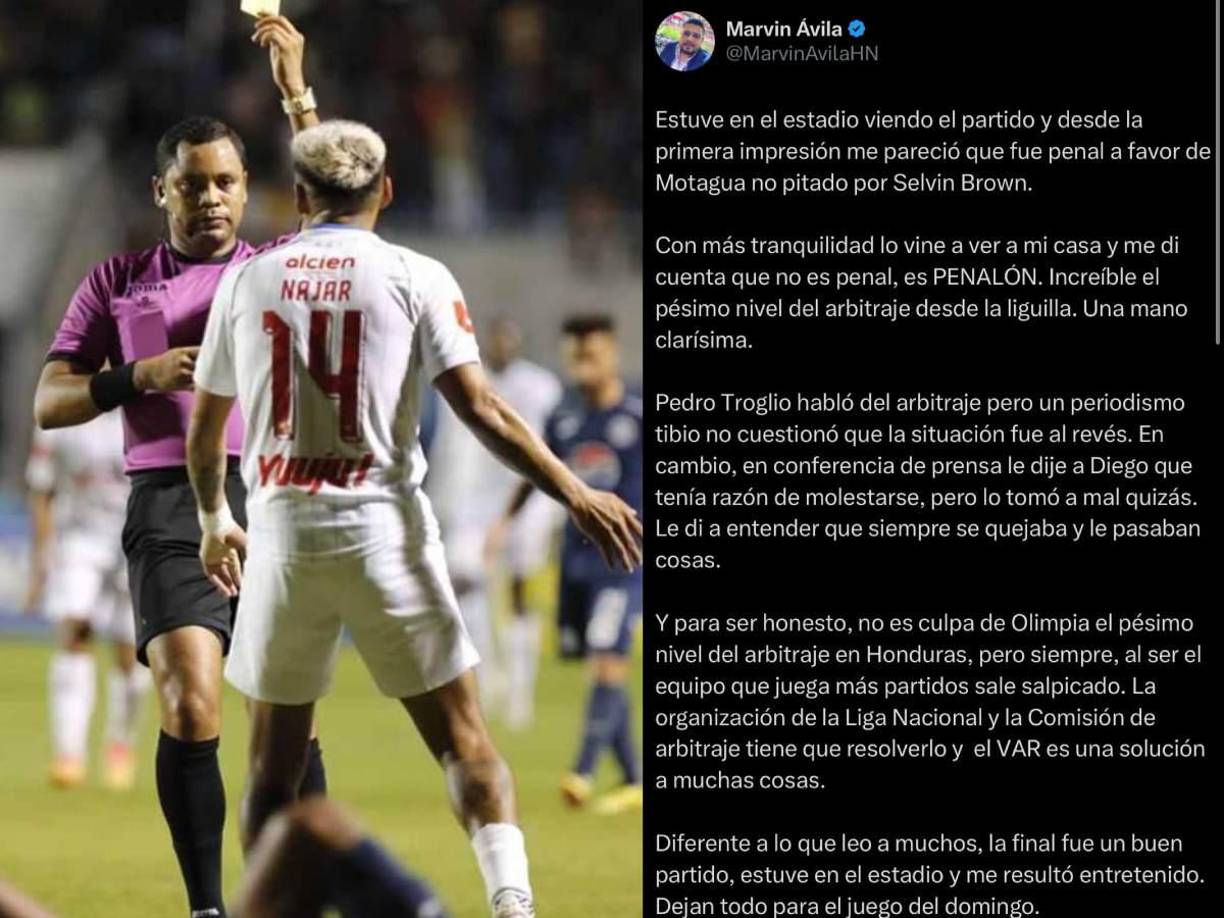 Marvin Ávila mencionó varias cosas, pero fue claro al decir que la jugada de la mano fue “Penalón. Increíble el pésimo nivel del arbitraje desde la liguilla”.
